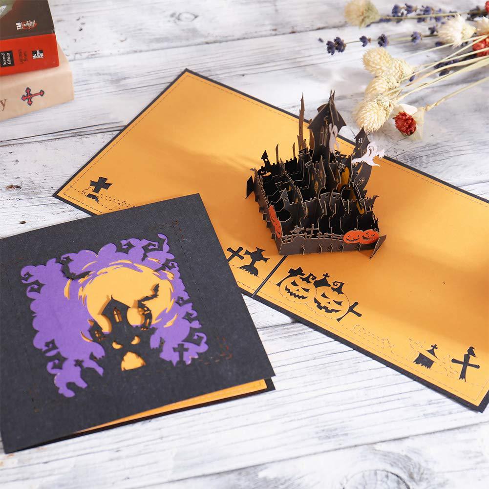 interactive spooky haunted dark house light moon witch ghost pumpkin pop up 3d paper halloween greeting card