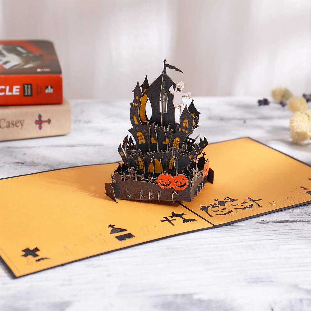 interactive spooky haunted dark house light moon witch ghost pumpkin pop up 3d paper halloween greeting card