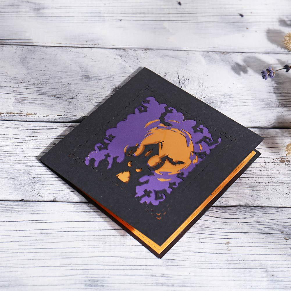 interactive spooky haunted dark house light moon witch ghost pumpkin pop up 3d paper halloween greeting card