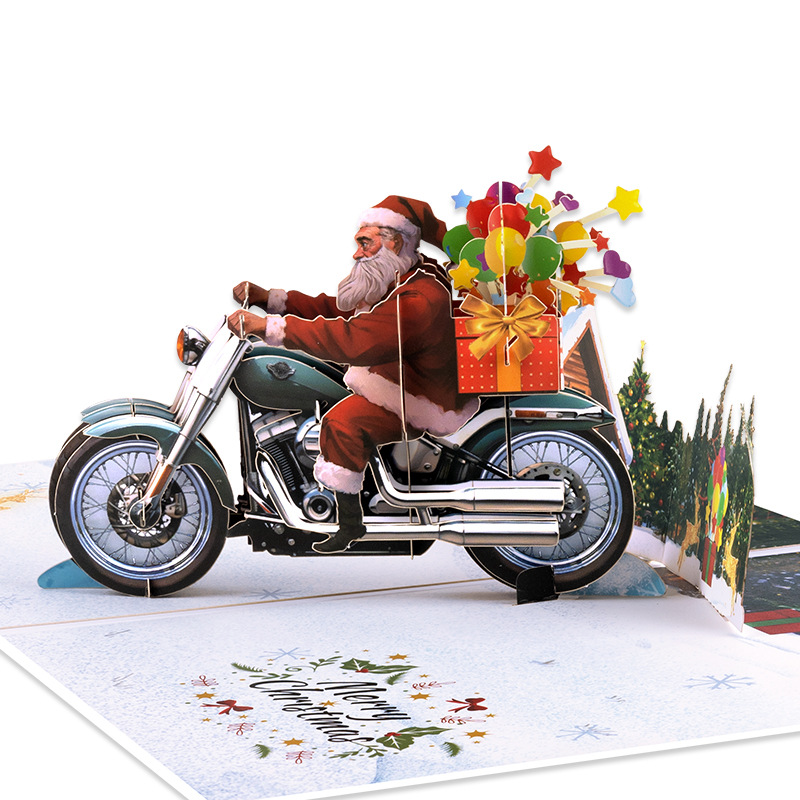 Interactive Magical Snowman on Motorcycle Christmas Tree Jesus Santa Claus Religious Pop Up 3d Paper Christmas Greeting Card