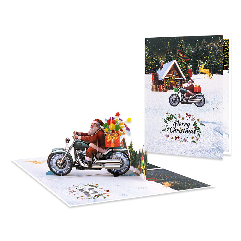 Interactive Magical Snowman on Motorcycle Christmas Tree Jesus Santa Claus Religious Pop Up 3d Paper Christmas Greeting Card