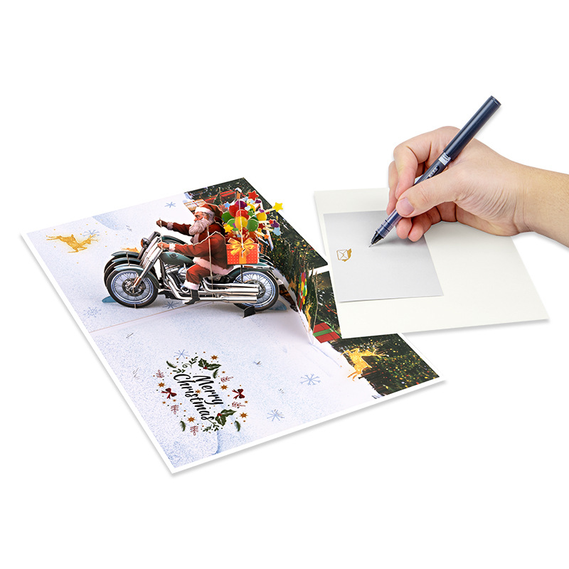 Interactive Magical Snowman on Motorcycle Christmas Tree Jesus Santa Claus Religious Pop Up 3d Paper Christmas Greeting Card