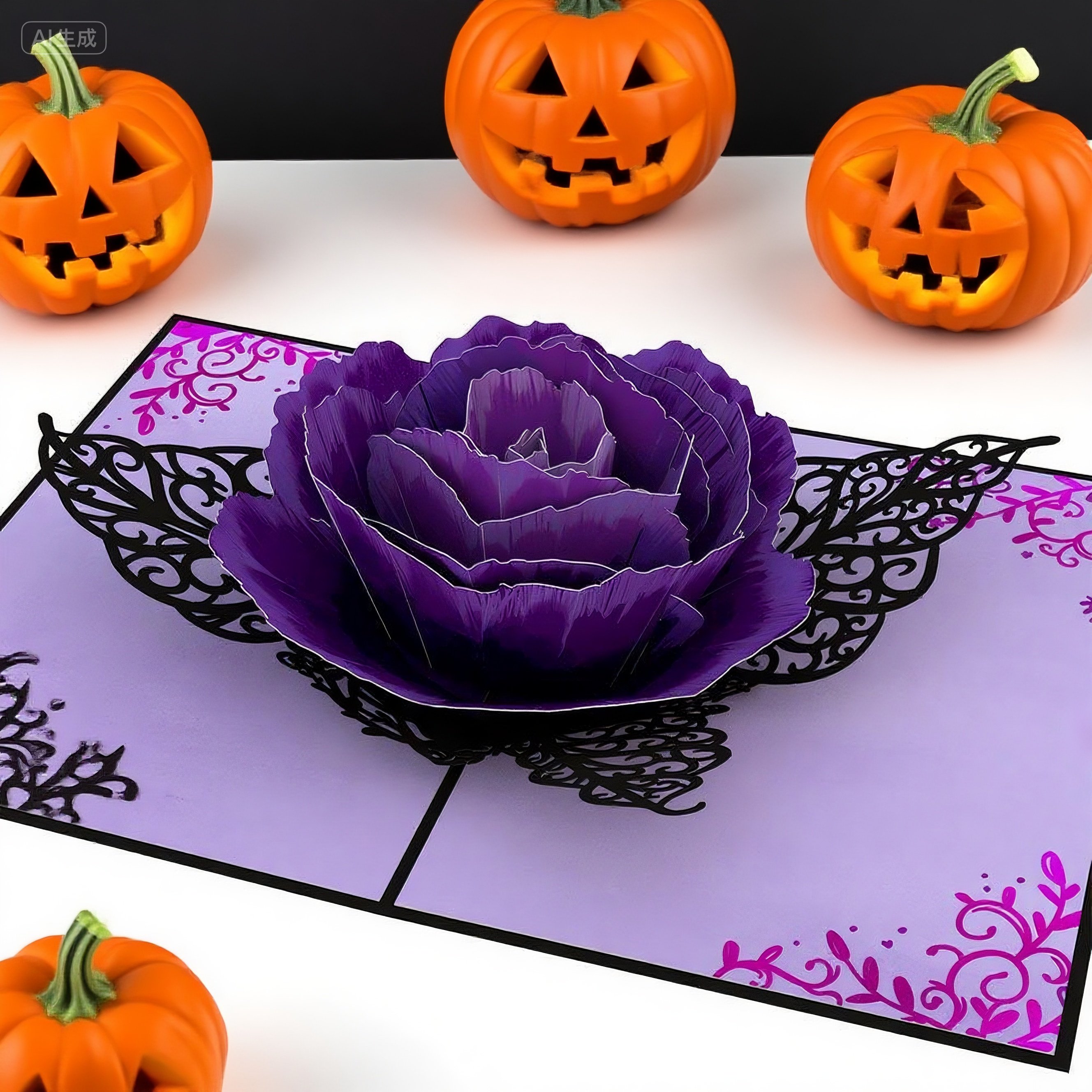 interactive spooky haunted house purple flower witch ghost pumpkin pop up 3d paper halloween greeting card