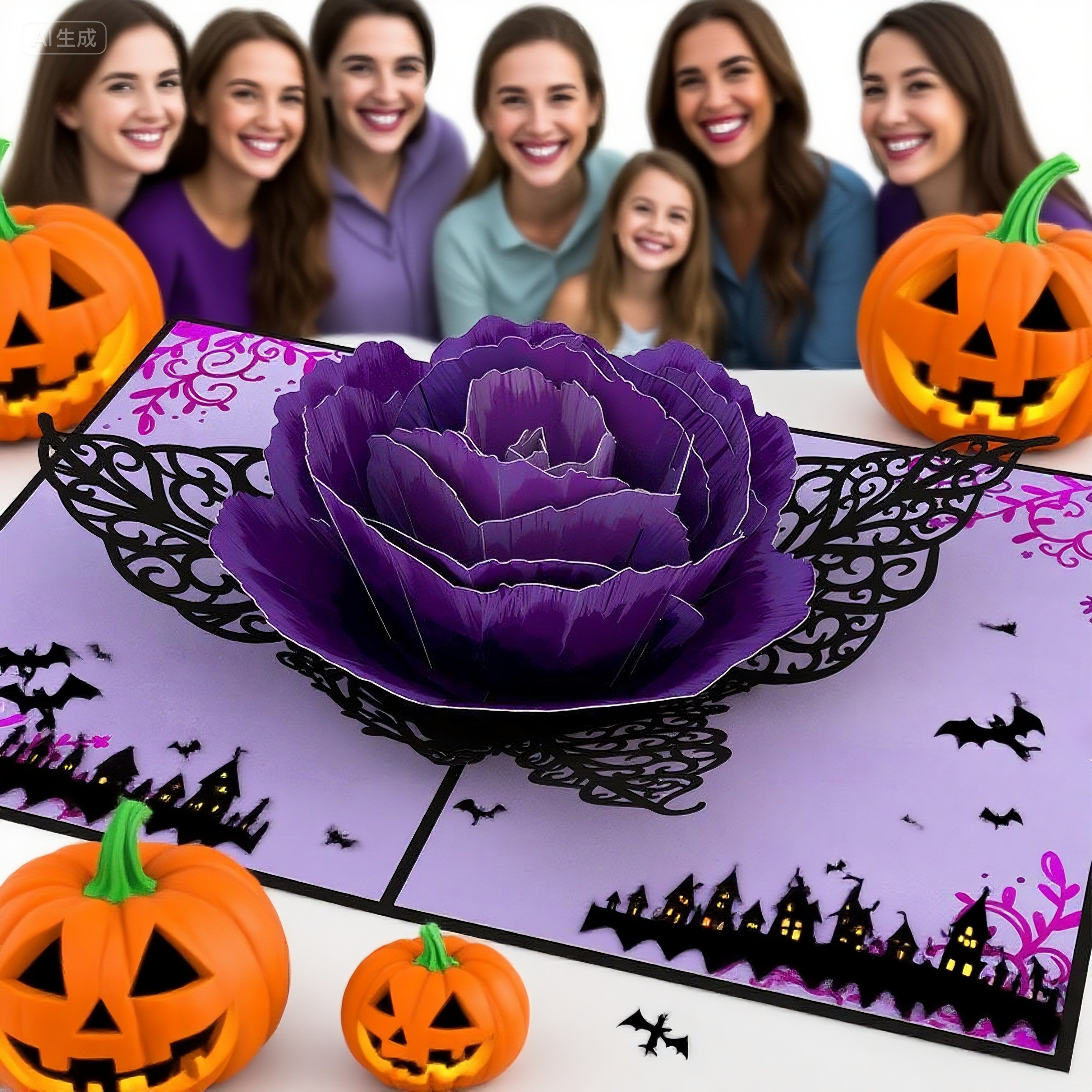 interactive spooky haunted house purple flower witch ghost pumpkin pop up 3d paper halloween greeting card