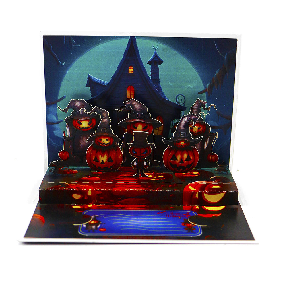 Halloween 3D Pop Up Greeting Card with Witch, Black Cat, Pumpkin and Haunted House – Handmade Paper Art for Kids & Adults
