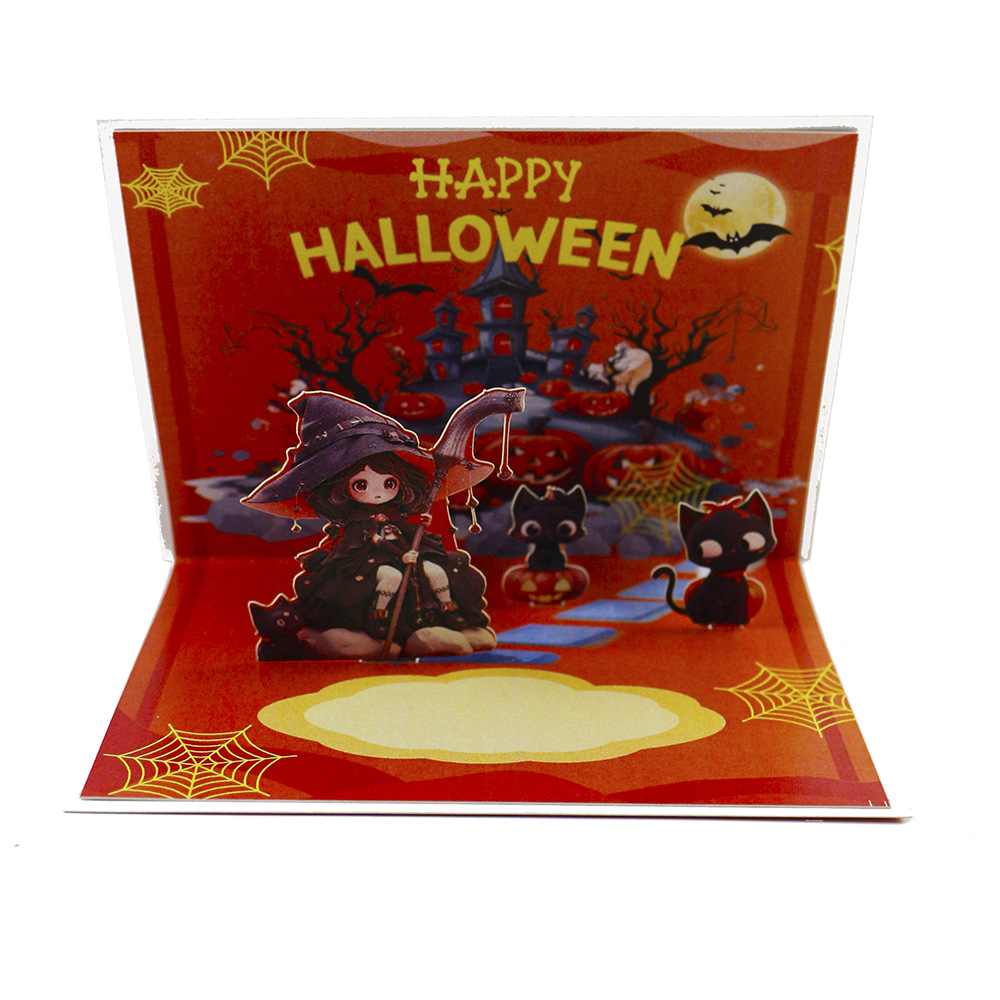 Halloween 3D Pop Up Greeting Card with Witch, Black Cat, Pumpkin and Haunted House – Handmade Paper Art for Kids & Adults