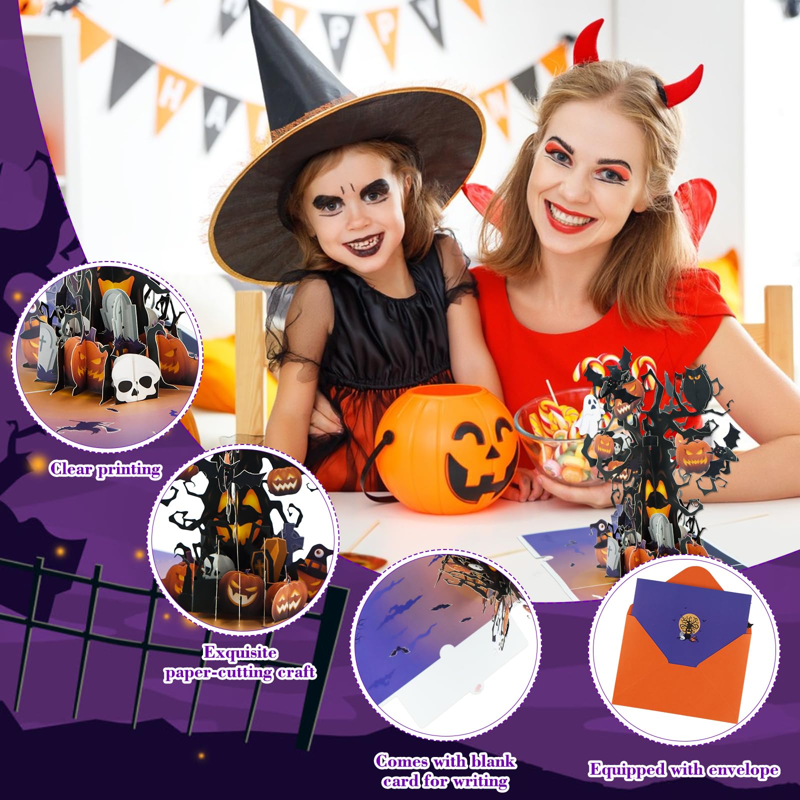 Interactive Spooky Haunted Black Tree House Full Moon Witch Ghost Pumpkin Pop Up 3d Paper Halloween Greeting Card