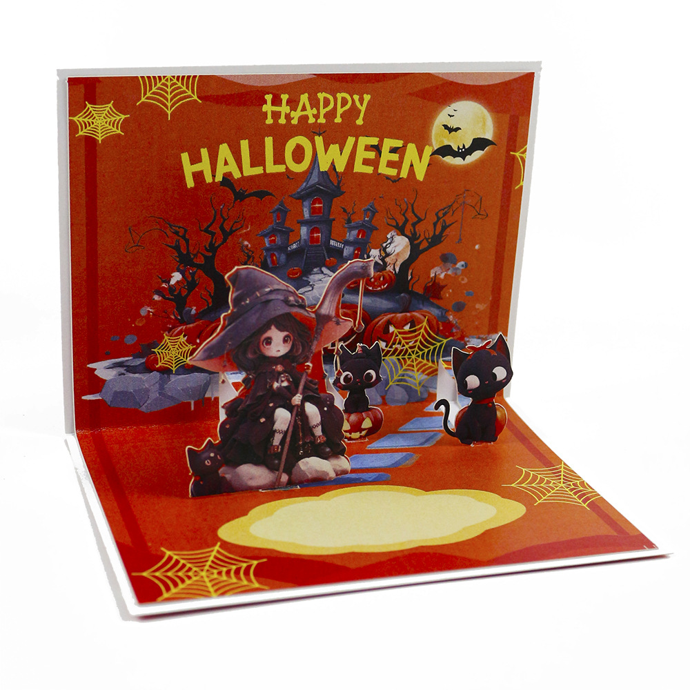 Halloween 3D Pop Up Greeting Card with Witch, Black Cat, Pumpkin and Haunted House – Handmade Paper Art for Kids & Adults