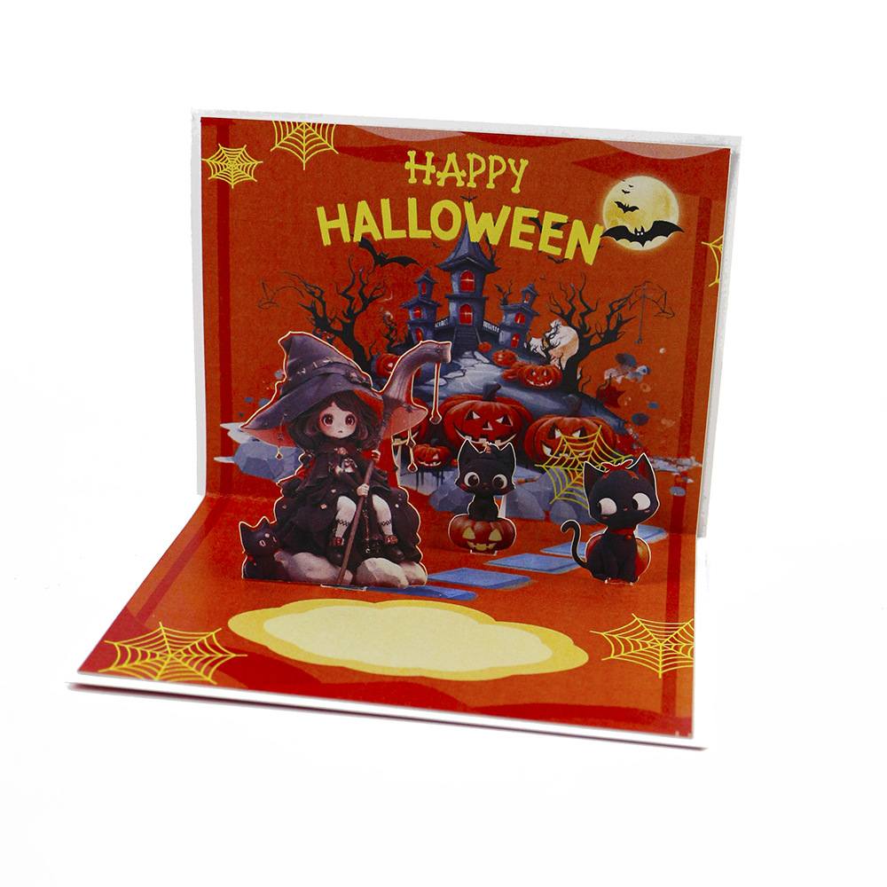 Halloween 3D Pop Up Greeting Card with Witch, Black Cat, Pumpkin and Haunted House – Handmade Paper Art for Kids & Adults