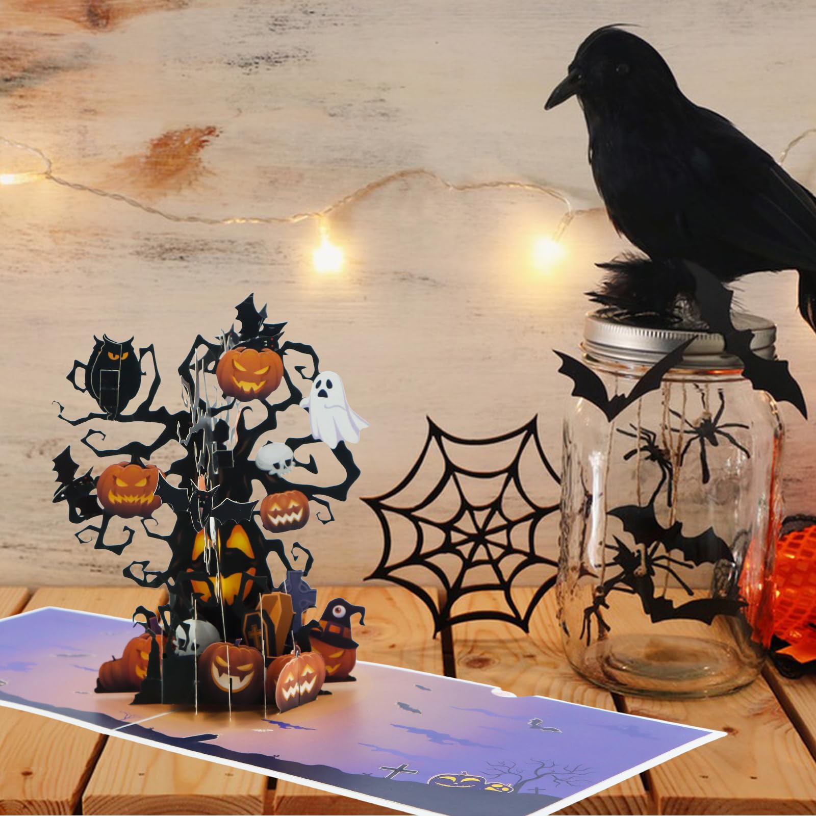 Interactive Spooky Haunted Black Tree House Full Moon Witch Ghost Pumpkin Pop Up 3d Paper Halloween Greeting Card