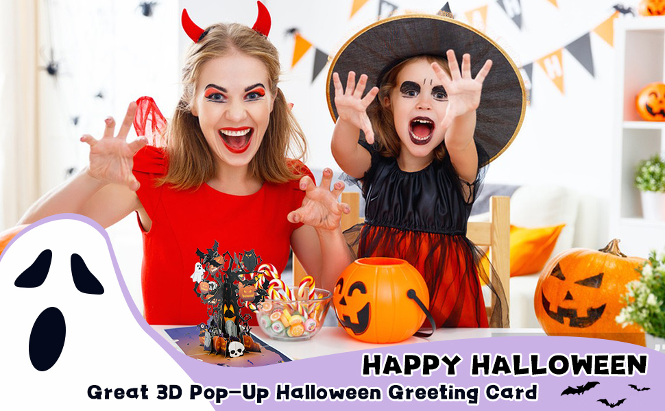 Interactive Spooky Haunted Black Tree House Full Moon Witch Ghost Pumpkin Pop Up 3d Paper Halloween Greeting Card