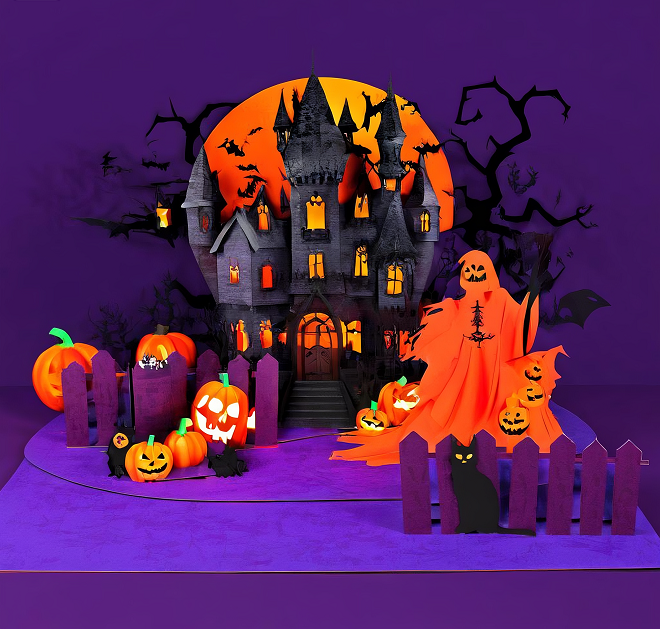 Interactive Spooky Cross Haunted House Witch Ghost Pumpkin pop up 3d paper halloween greeting card
