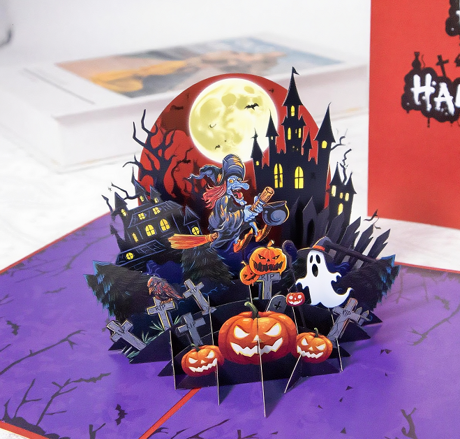 Interactive Spooky Cross Haunted House Witch Ghost Pumpkin pop up 3d paper halloween greeting card
