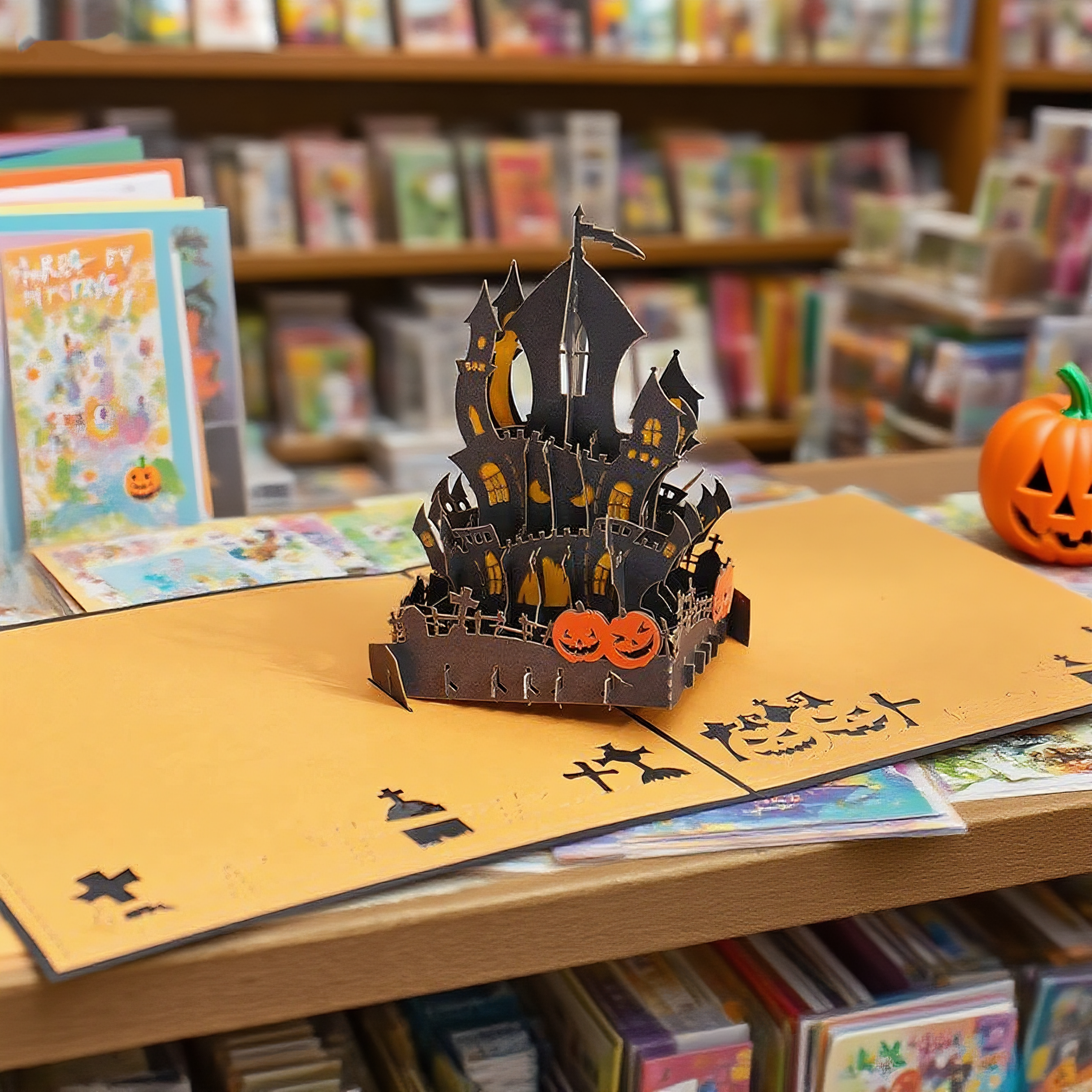 interactive spooky haunted house witch ghost orange pumpkin pop up 3d paper halloween greeting card