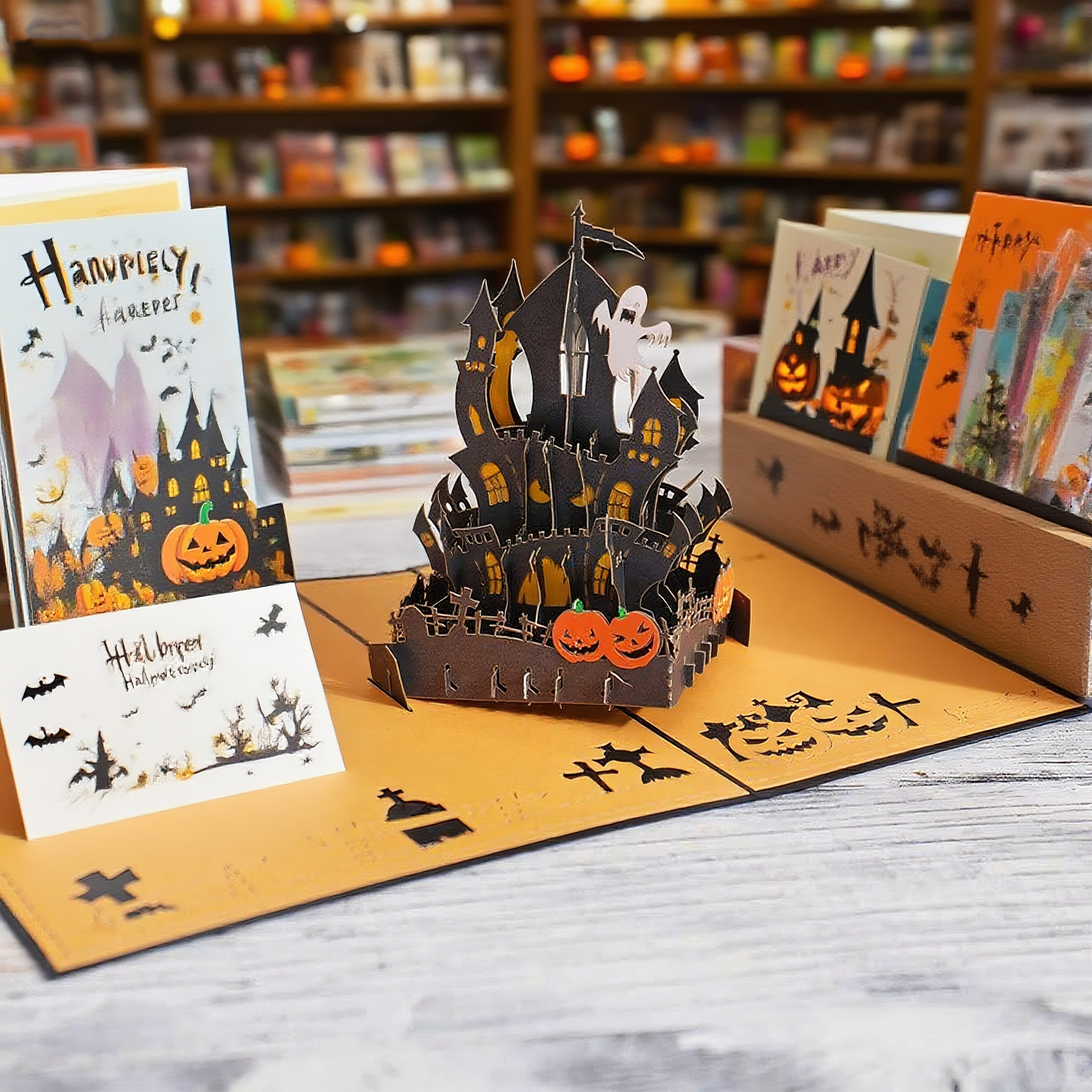 interactive spooky haunted house witch ghost orange pumpkin pop up 3d paper halloween greeting card
