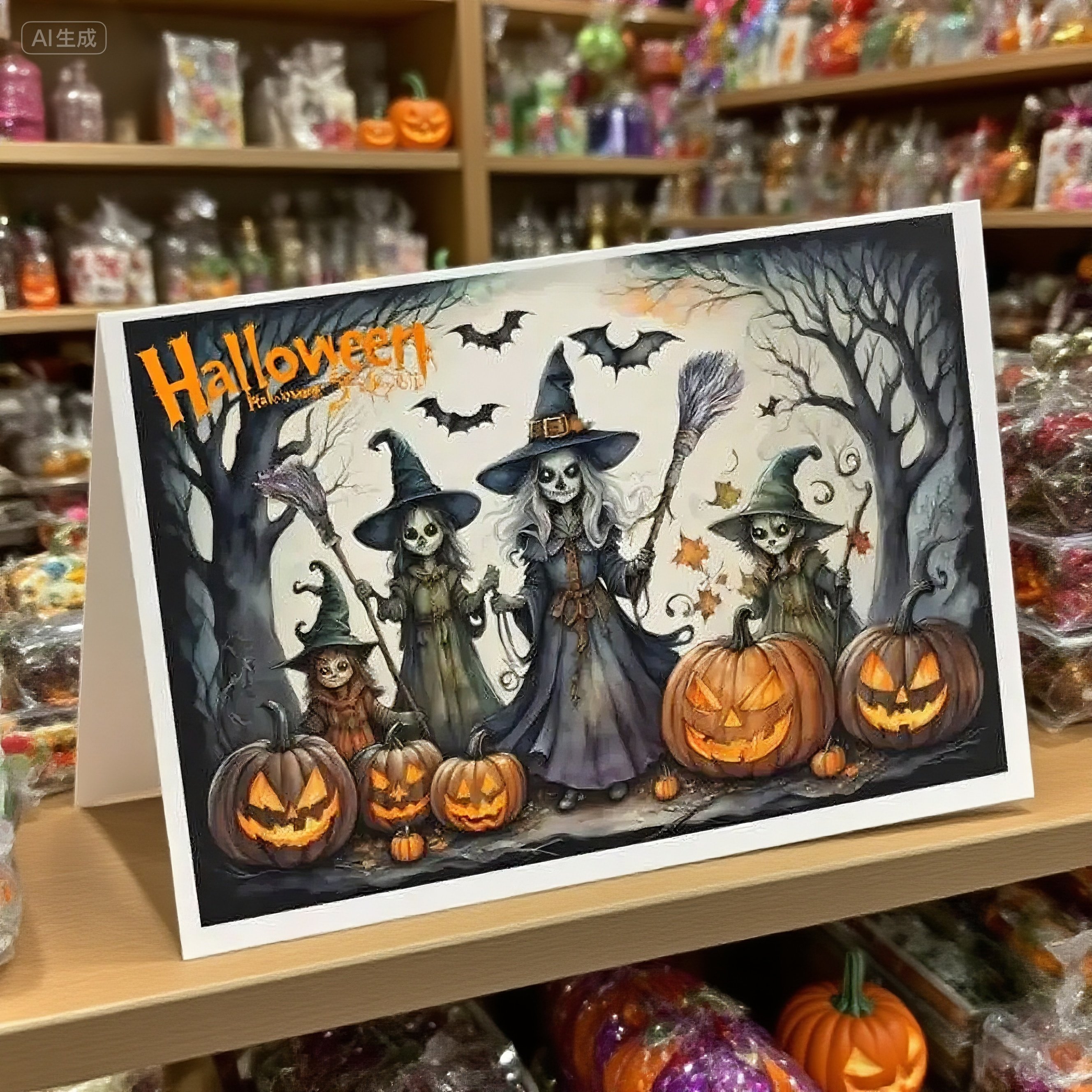 Black interactive spooky haunted house witch ghost pumpkin pop up 3d paper halloween greeting card