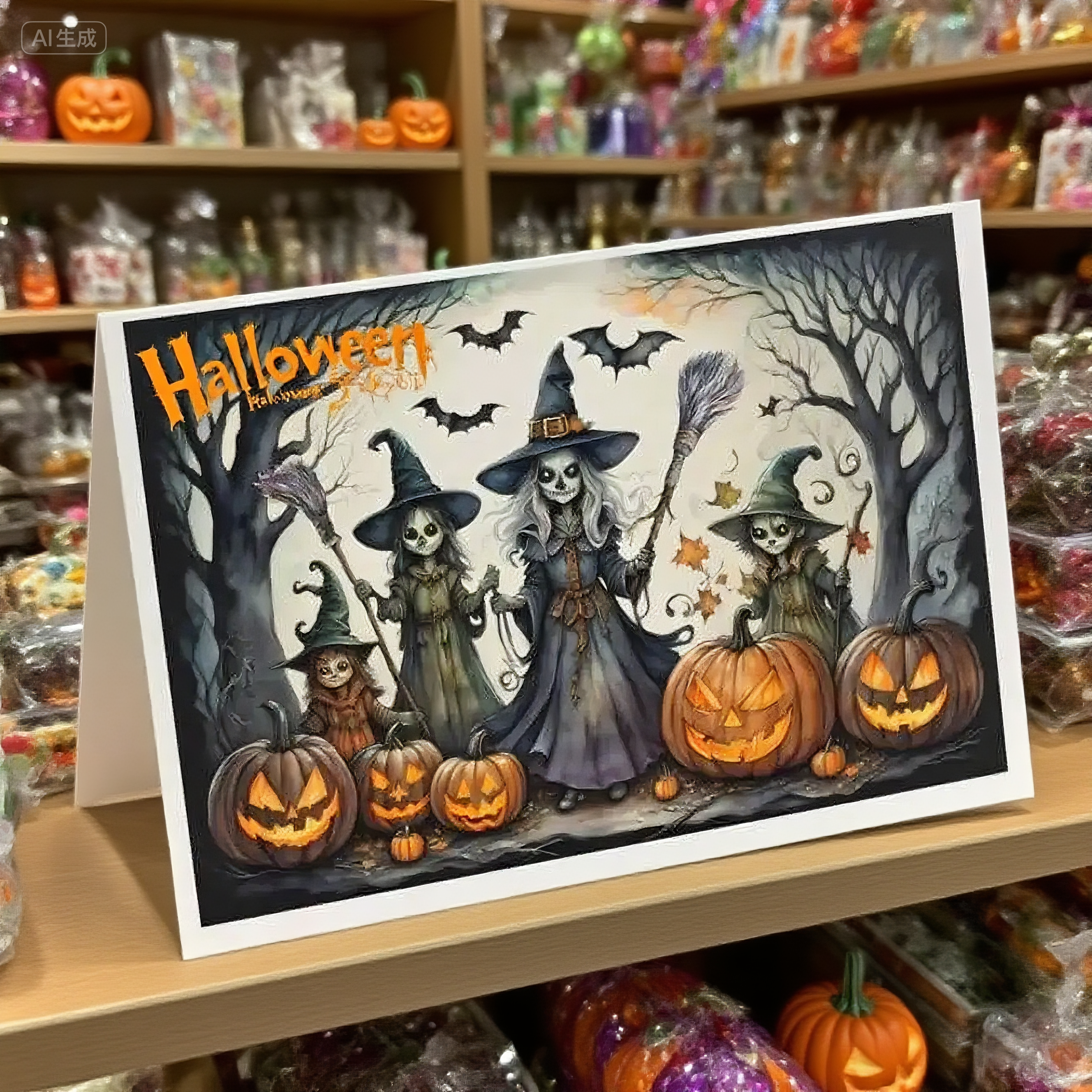 Black interactive spooky haunted house witch ghost pumpkin pop up 3d paper halloween greeting card