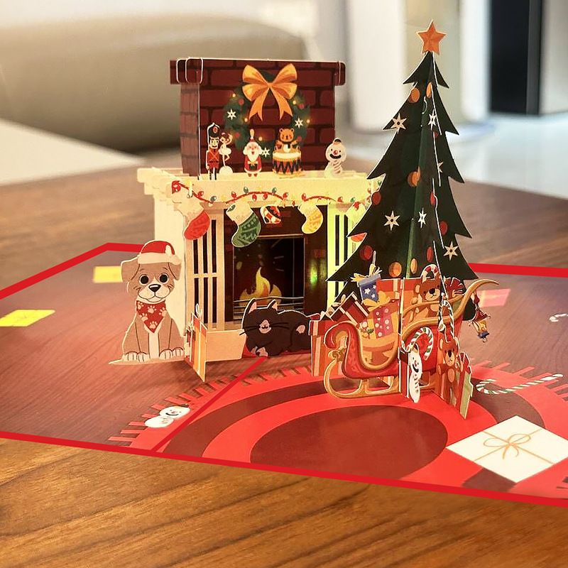 Interactive Magical Fireplace Christmas Tree Jesus Santa Claus Religious Pop Up 3d Paper Christmas Greeting Card