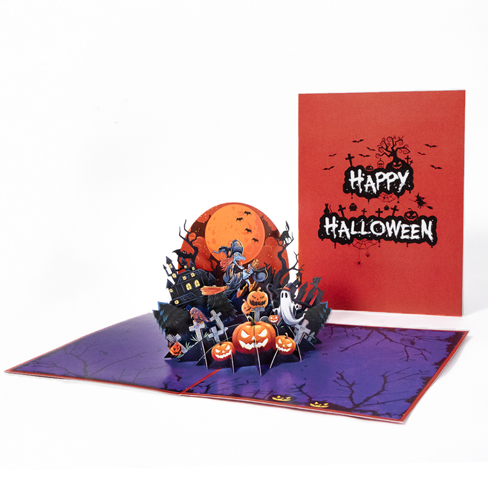 interactive spooky haunted house graveyard scene  witch ghost pumpkin pop up 3d paper halloween greeting card
