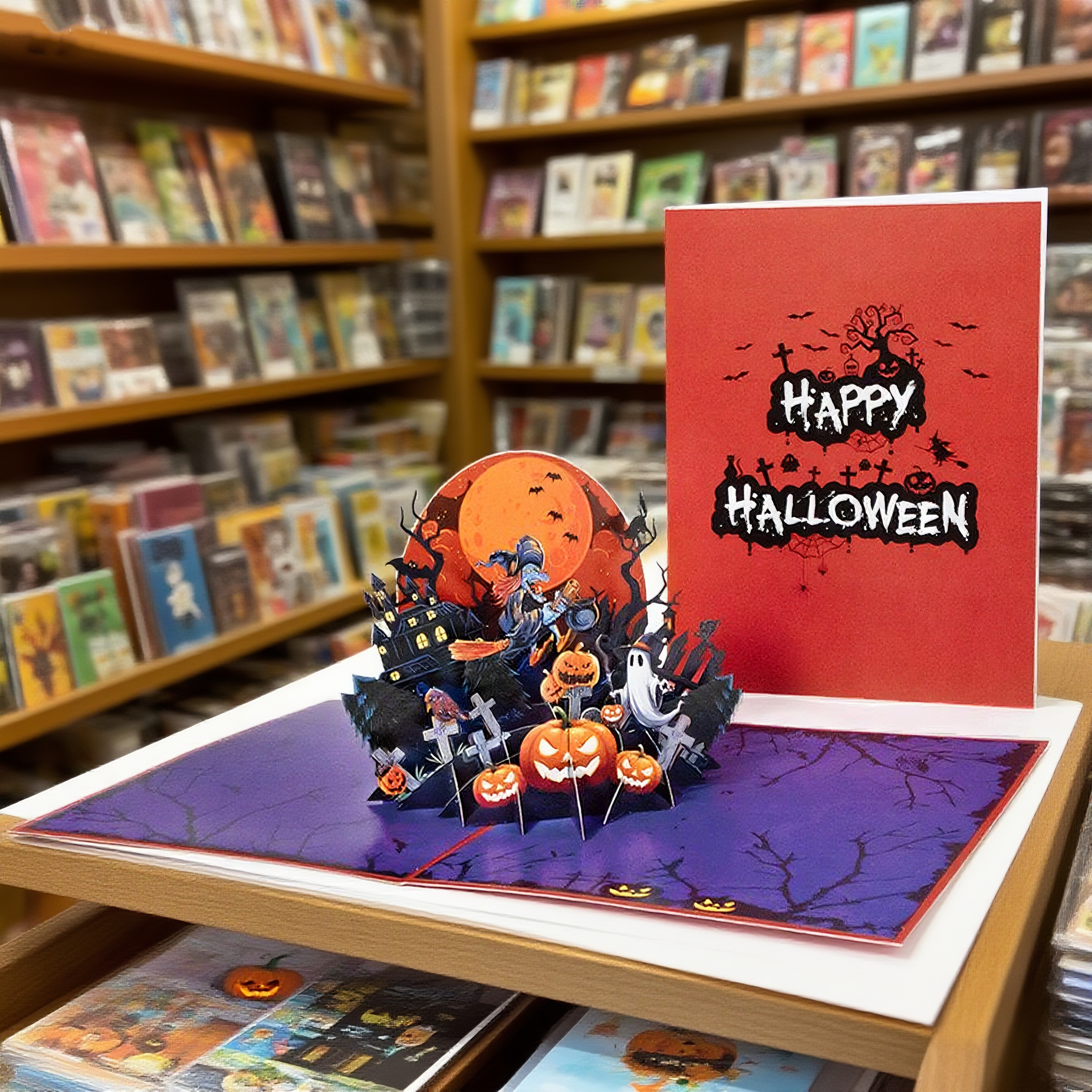 Children interactive spooky haunted house witch ghost pumpkin pop up 3d paper halloween greeting card