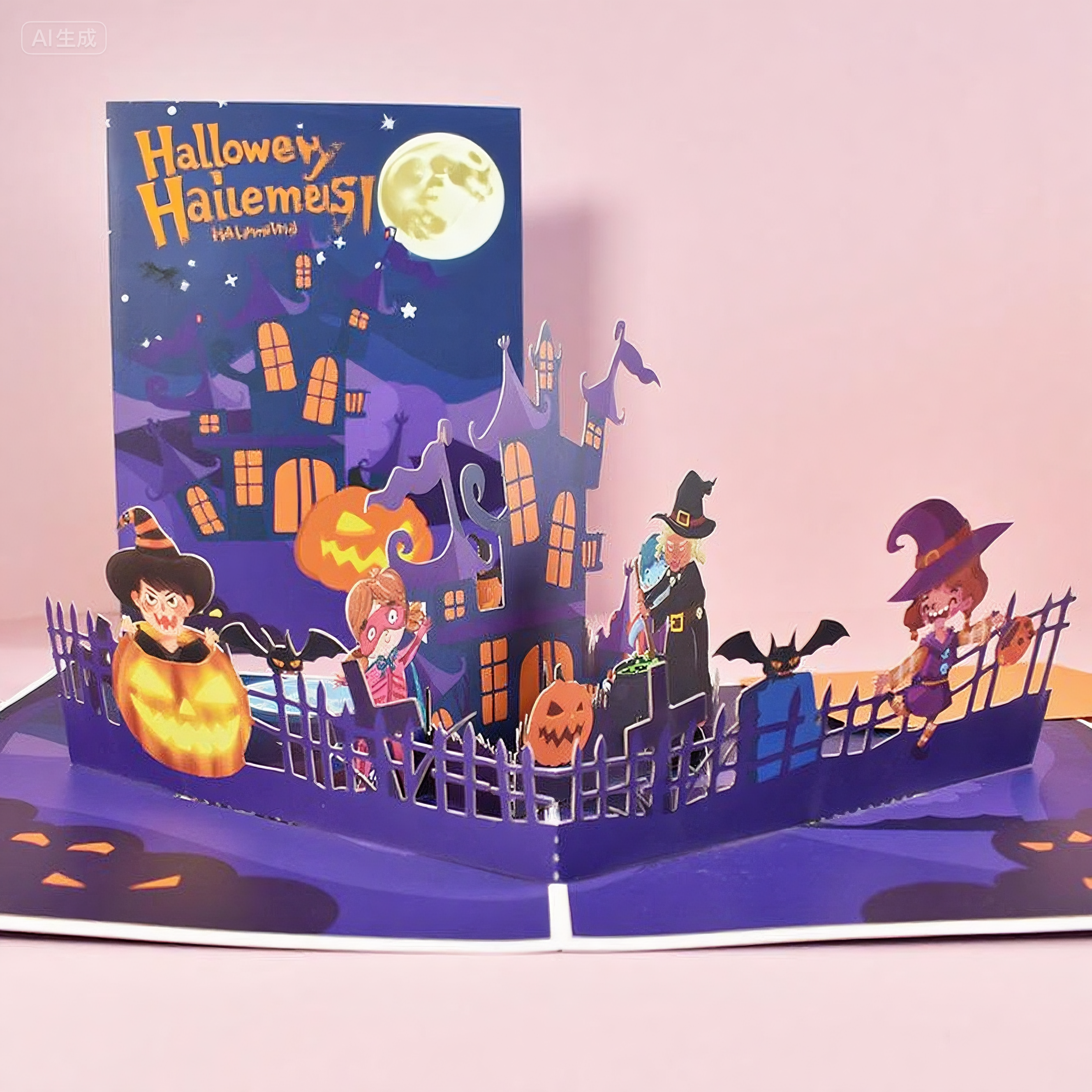 interactive spooky haunted house  Magic Hat witch ghost pumpkin pop up 3d paper halloween greeting card