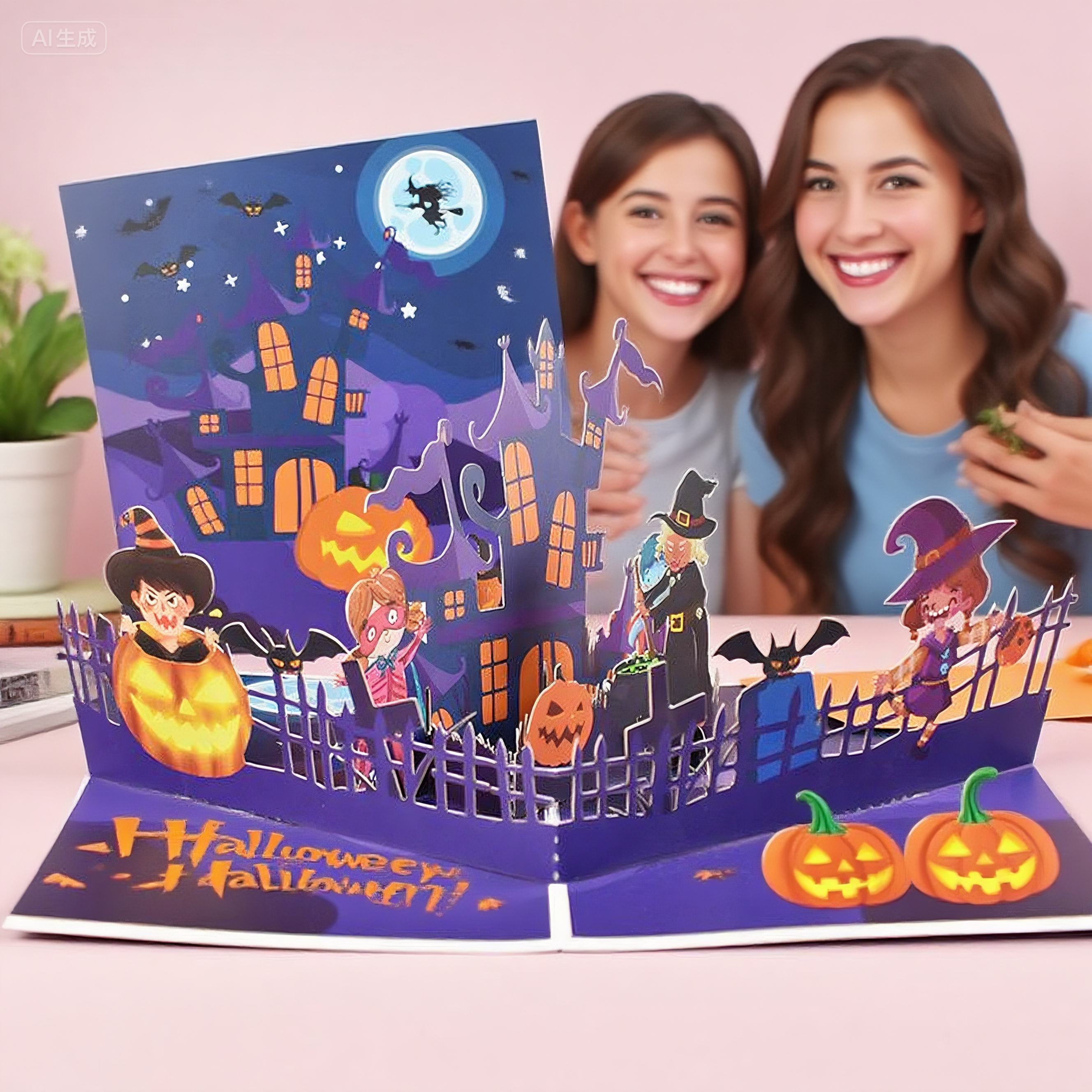 interactive spooky haunted house  Magic Hat witch ghost pumpkin pop up 3d paper halloween greeting card