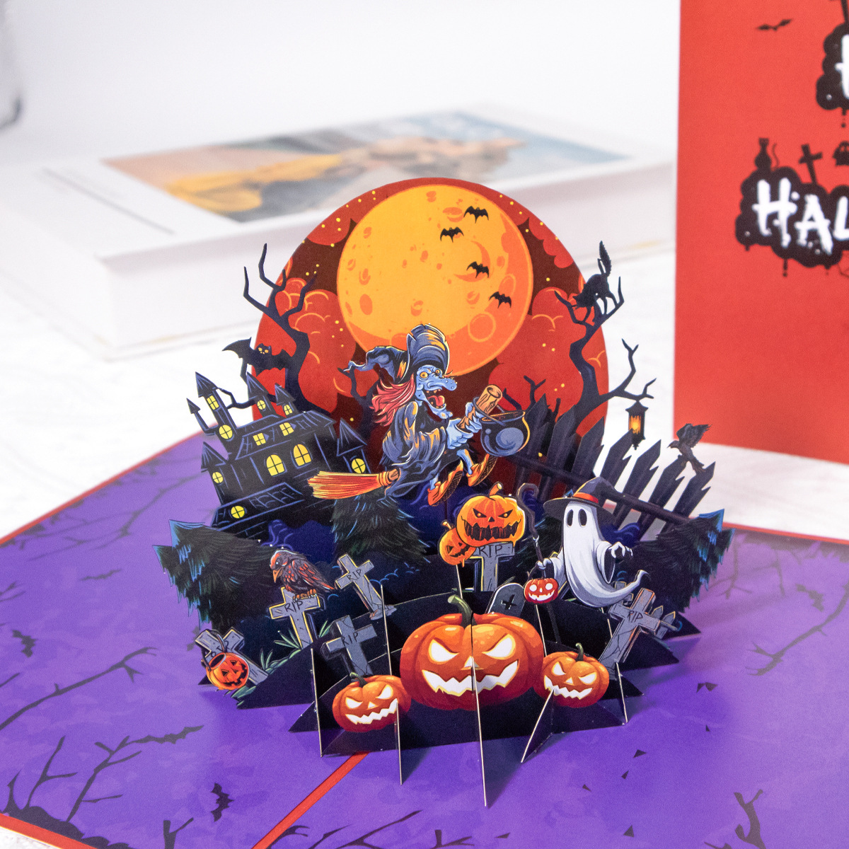 interactive spooky haunted house graveyard scene  witch ghost pumpkin pop up 3d paper halloween greeting card