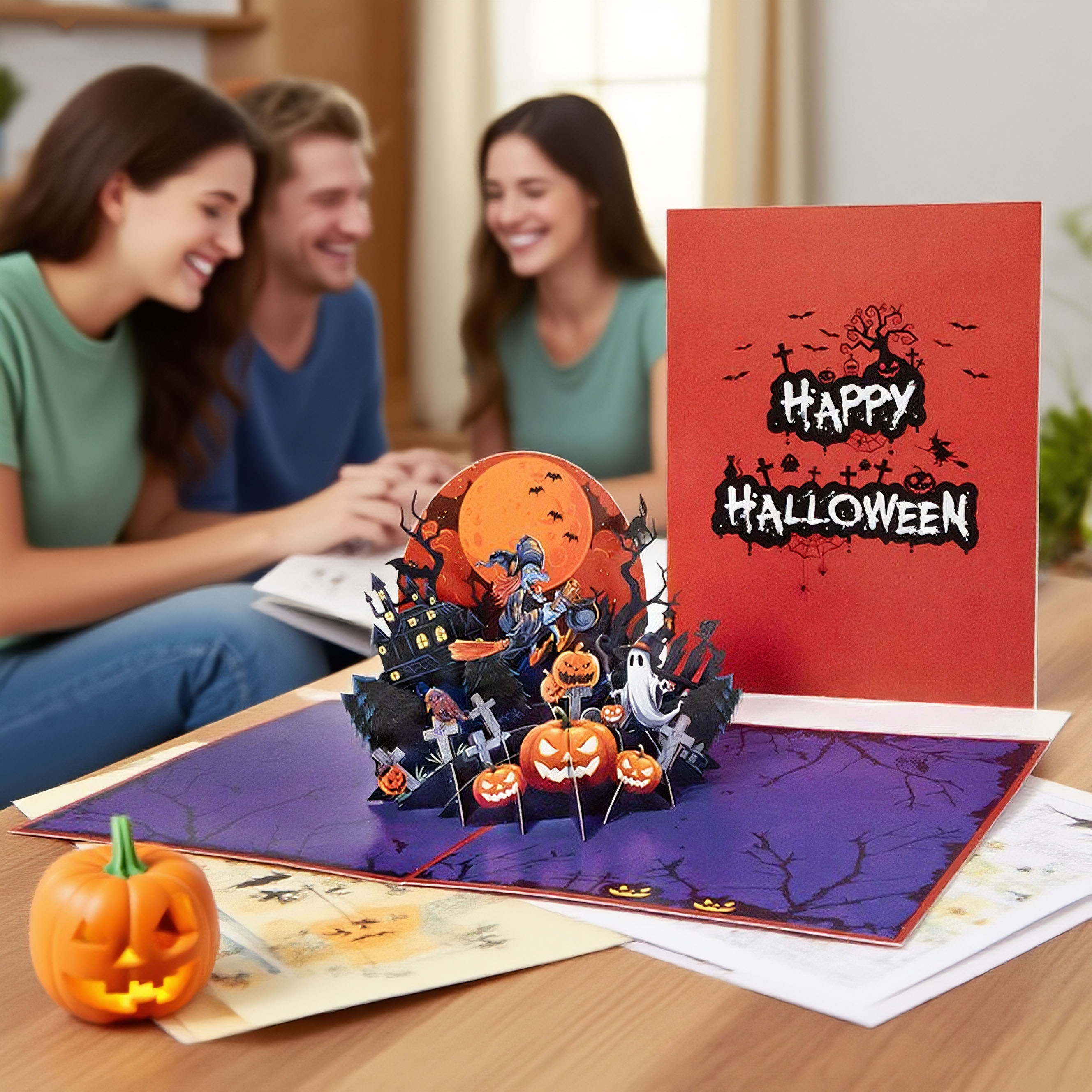 interactive spooky haunted house witch ghost magic hat pumpkin pop up 3d paper halloween greeting card