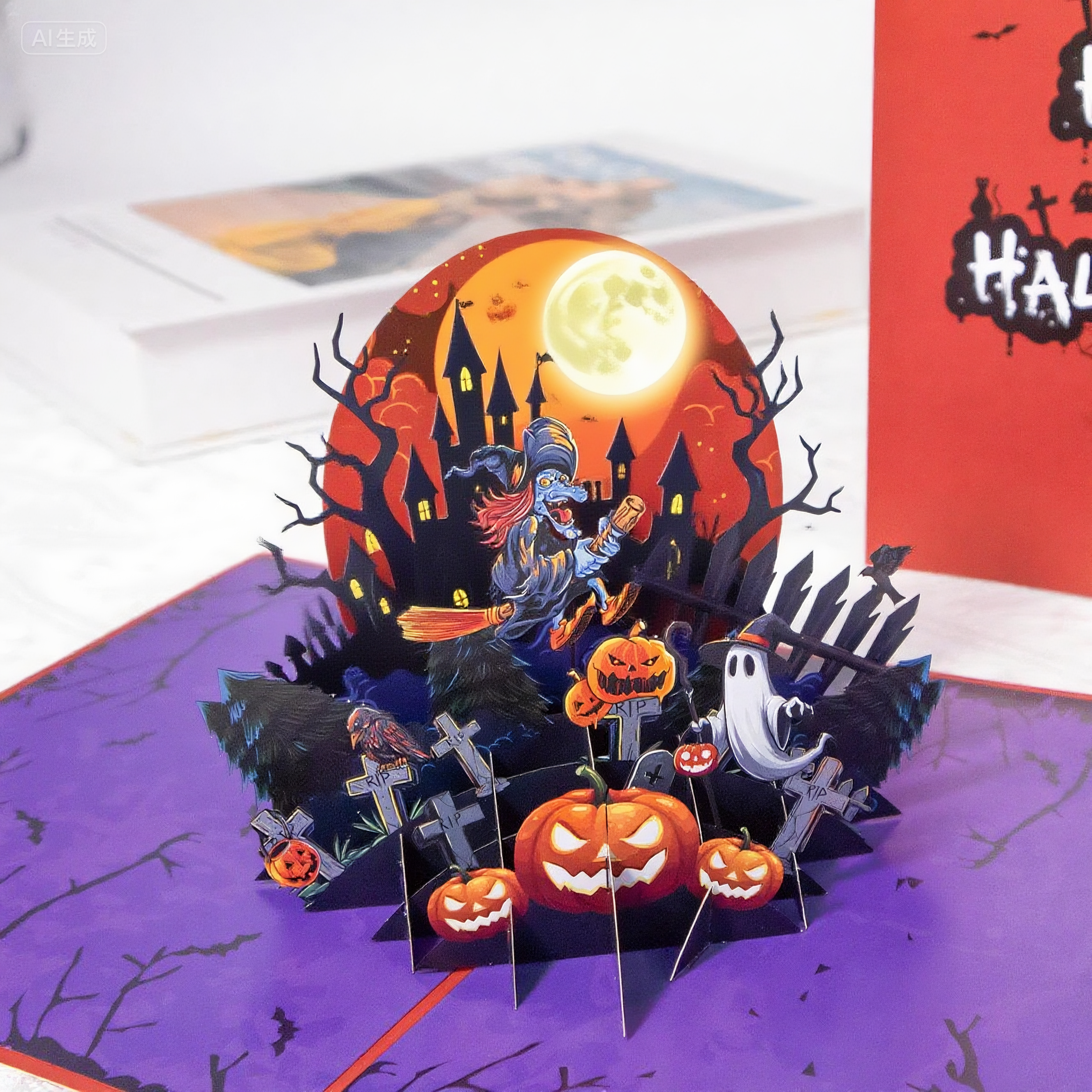 interactive spooky haunted house horrible witch with a broom ghost pumpkin pop up 3d paper halloween greeting card