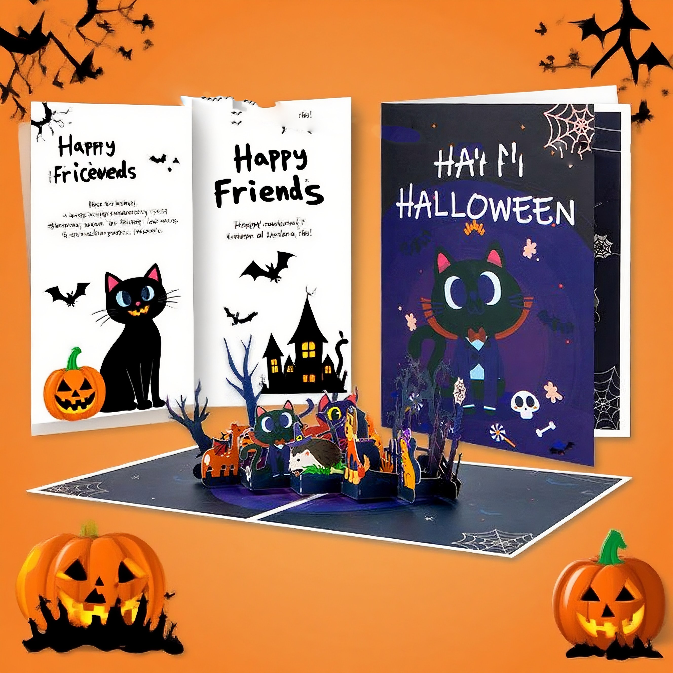interactive spooky haunted house witch ghost black cat pumpkin pop up 3d paper halloween greeting card