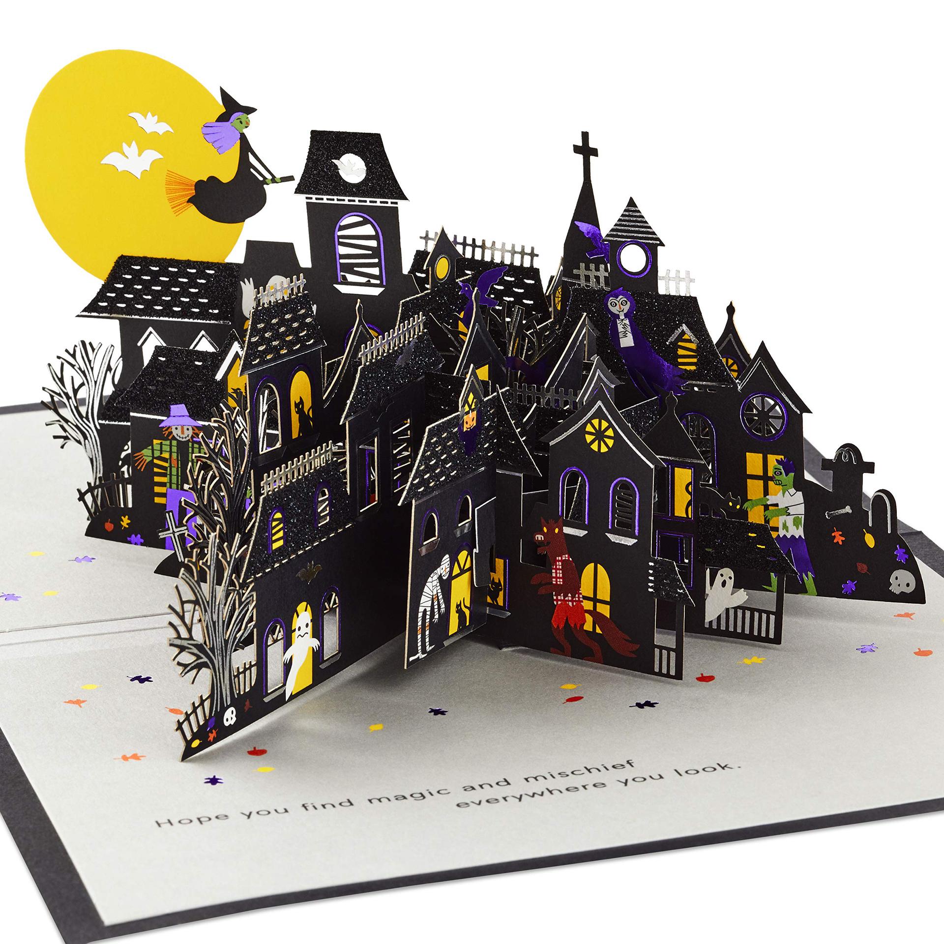 interactive spooky haunted house glow in the dark witch ghost pumpkin pop up 3d paper halloween greeting card