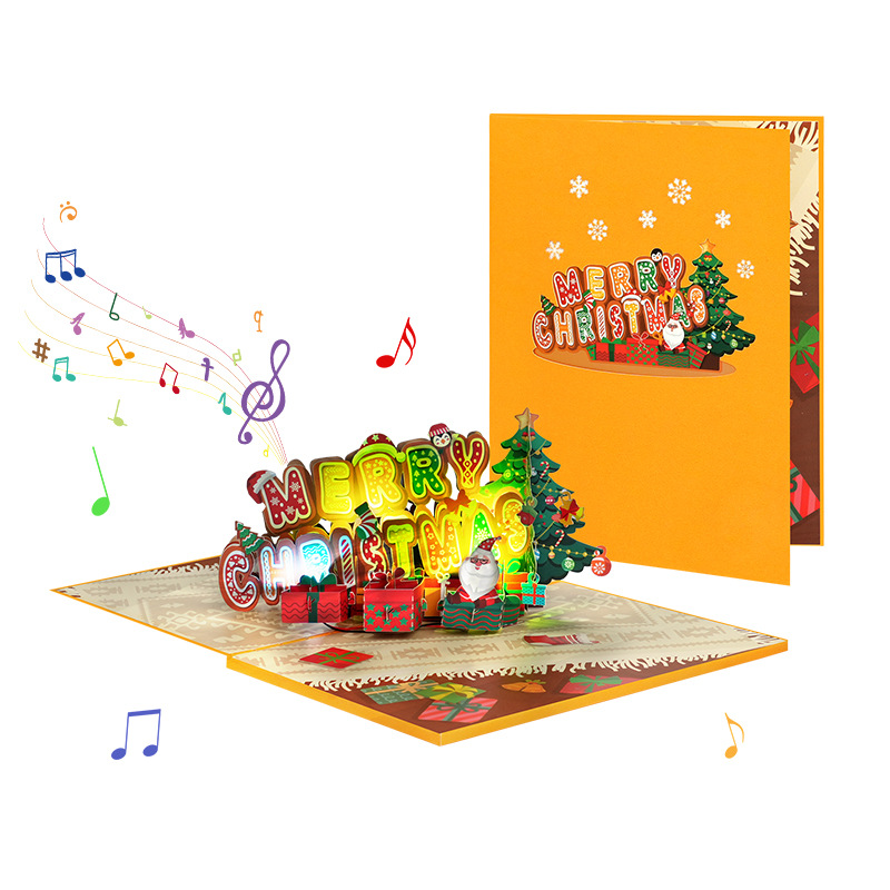 Musical Yellow Interactive Magical Snowman Christmas Tree Jesus Santa Claus Religious Pop Up 3d Paper Christmas Greeting Card