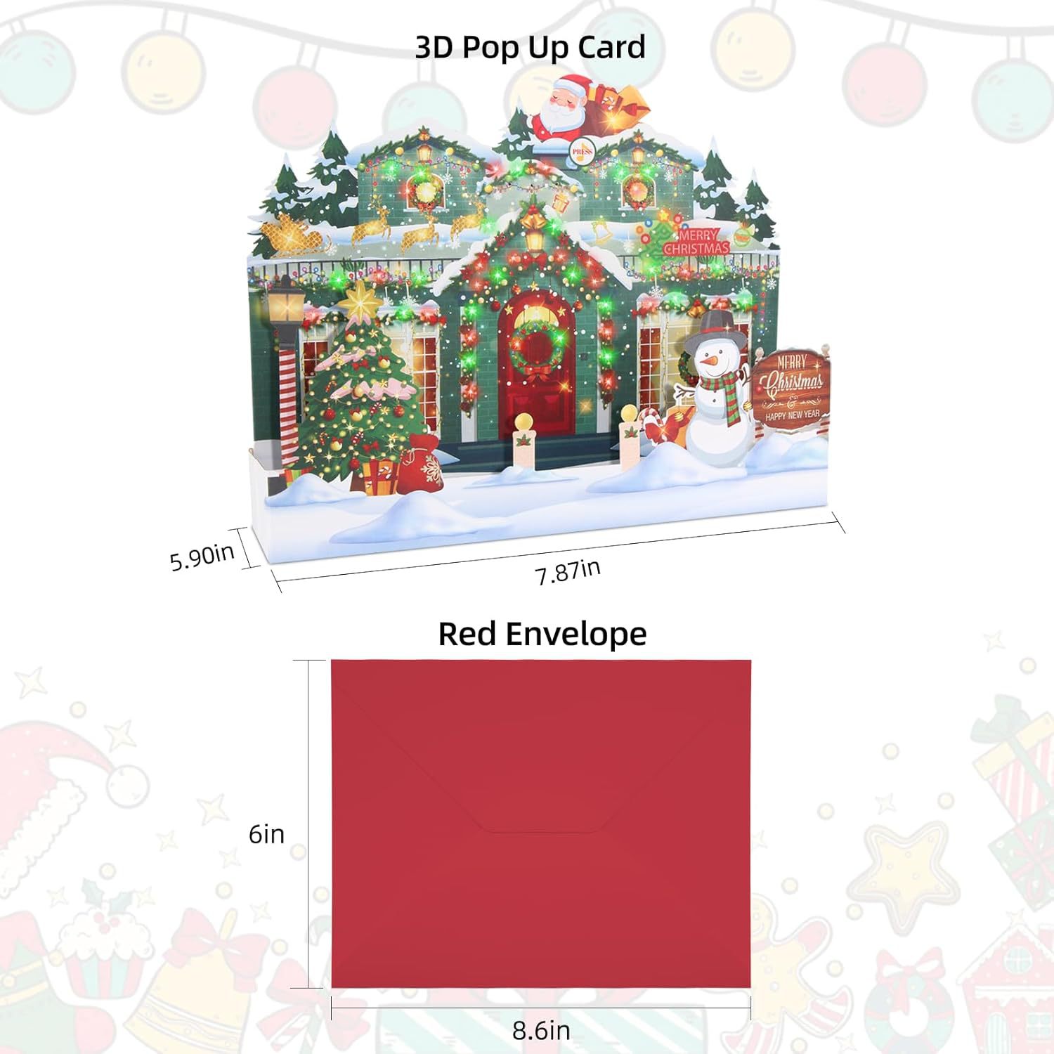 Interactive Magical Snowman Christmas Tree Jesus Santa Claus Religious Pop Up 3d Paper Christmas Greeting Card with Red Envelope & Lights