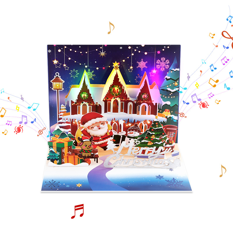 Interactive Magical Snowman Christmas Tree Jesus Santa Reindeer Claus Religious Pop Up 3d  Light and Music Paper Christmas Greeting Card