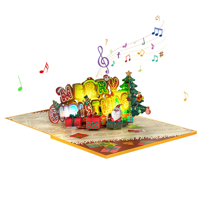 Musical Yellow Interactive Magical Snowman Christmas Tree Jesus Santa Claus Religious Pop Up 3d Paper Christmas Greeting Card