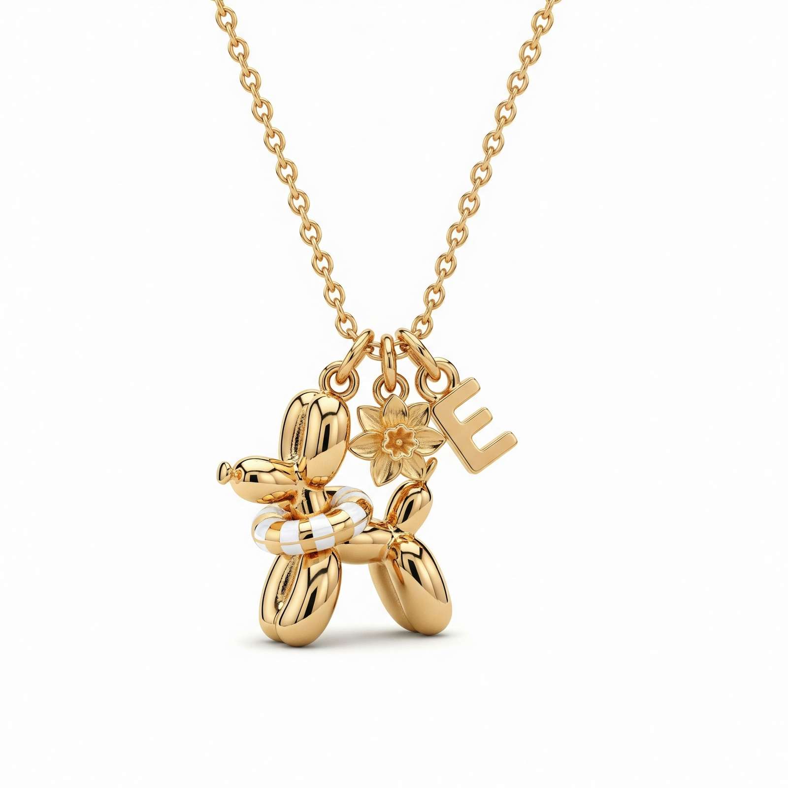 Adorable Women's Stainless Steel Charm 3D Balloon Dog Pendant Necklace with E and Flower Charms