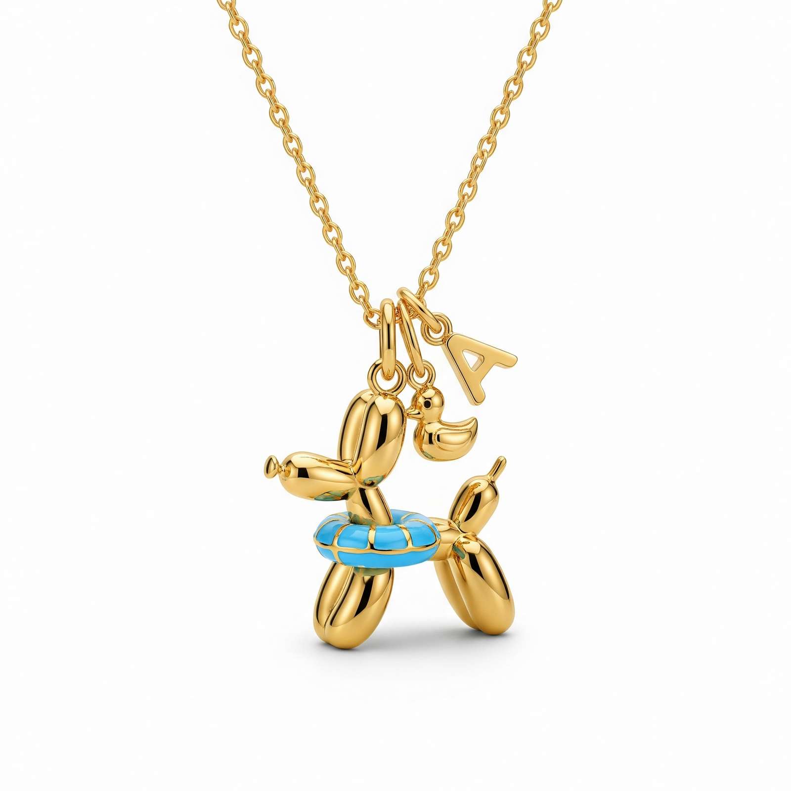 Adorable Women's Stainless Steel Charm 3D Balloon Dog Pendant Necklace with A and Bird Charms