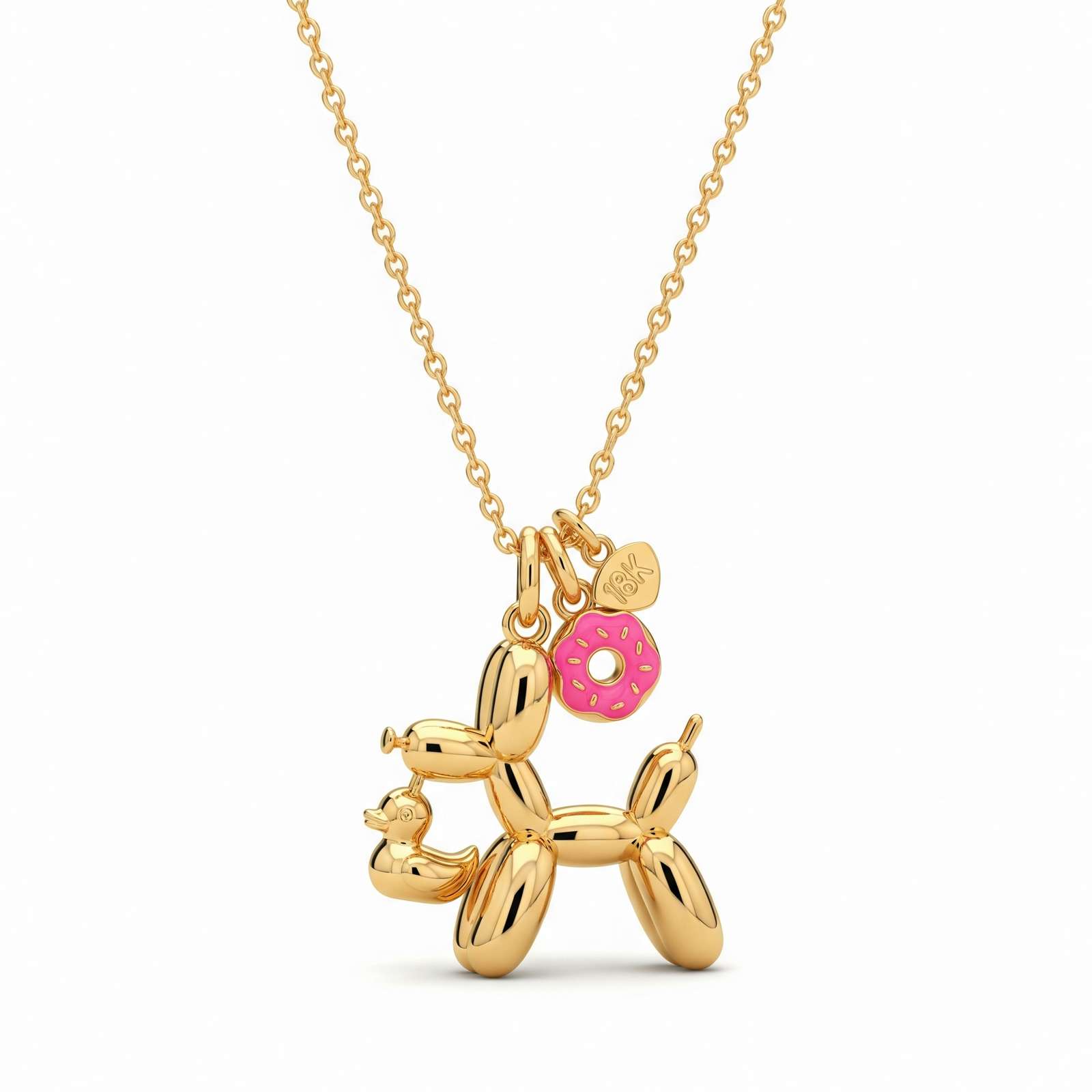 Adorable Women's Stainless Steel Charm 3D Balloon Dog Pendant Necklace with Donut and Heart Charms