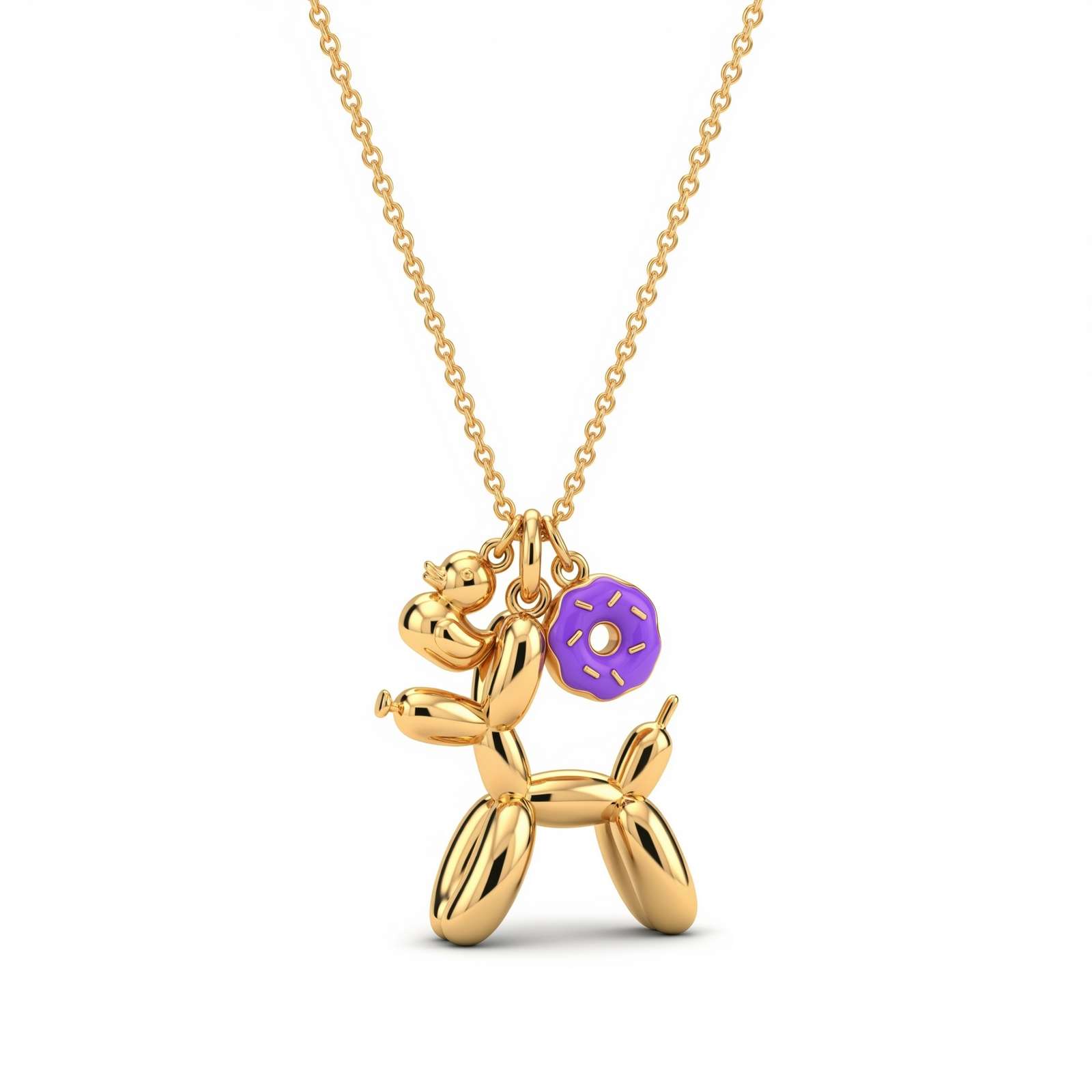 Adorable Women's Stainless Steel Charm 3D Balloon Dog Pendant Necklace with Purple Donut Charm