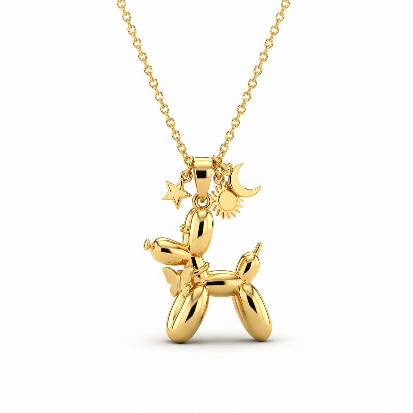 Adorable Women's Stainless Steel Charm 3D Balloon Dog Pendant Necklace with Star, Moon, and Sun Charms