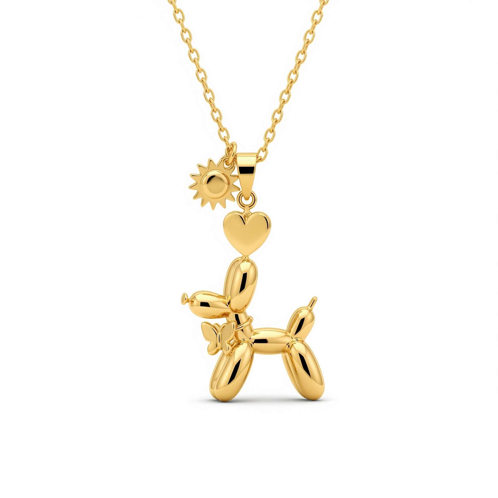 Adorable Women's Stainless Steel Charm 3D Balloon Dog Pendant Necklace with Heart and Sun Charms