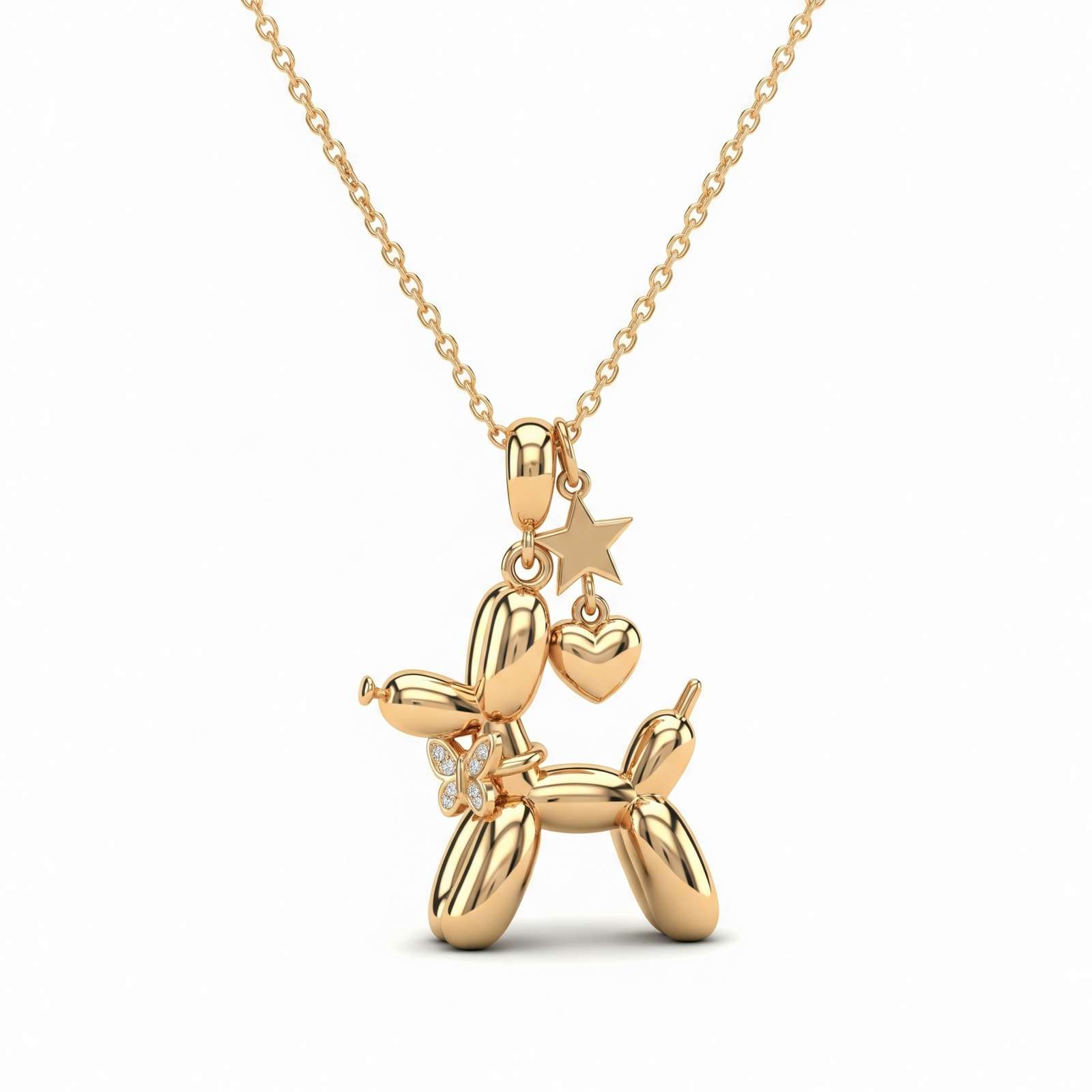 Adorable Women's Stainless Steel Charm 3D Balloon Dog Pendant Necklace with Star, Heart, and Butterfly Charms
