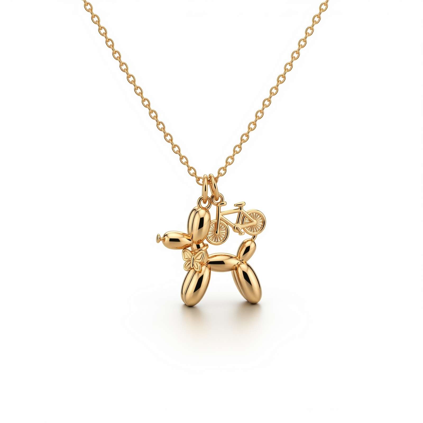Adorable Women's Stainless Steel Charm 3D Balloon Dog Pendant Necklace with Bicycle and Butterfly Charms