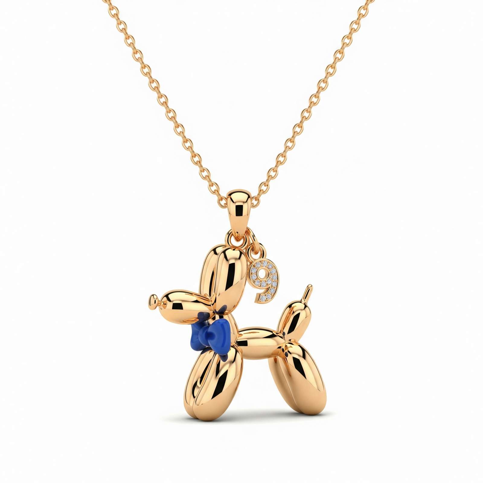 Adorable Women's Stainless Steel Charm 3D Balloon Dog Pendant Necklace with Blue Bow and Zirconia 9 Charm