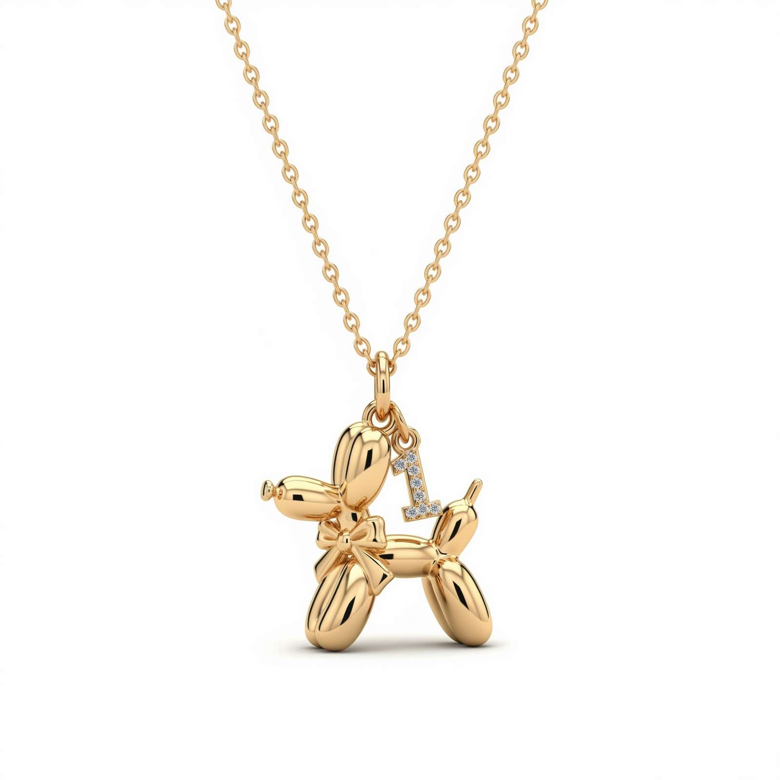 Adorable Women's Stainless Steel Charm 3D Balloon Dog Pendant Necklace with Bow and Zirconia '1' Charm