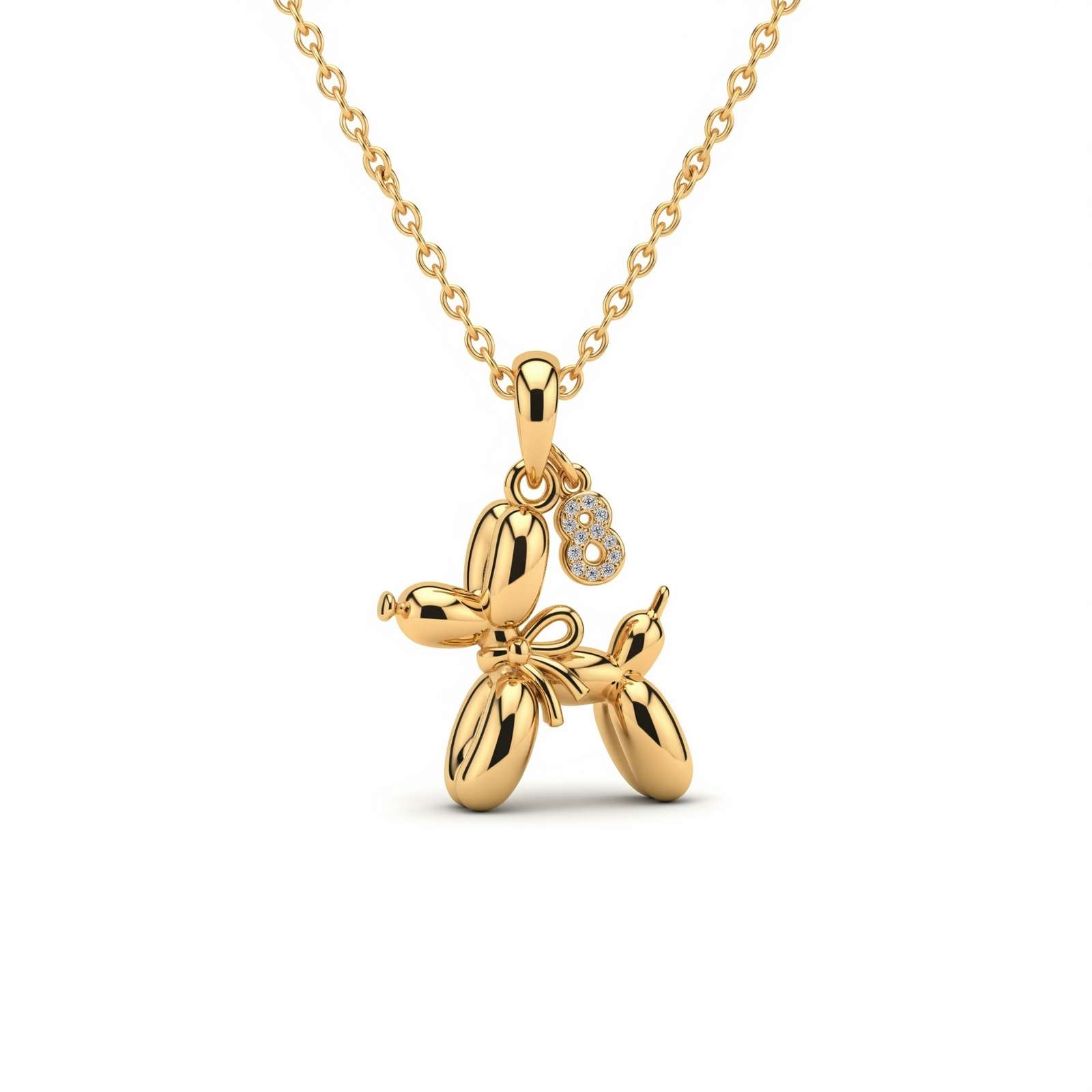 Adorable Women's Stainless Steel Charm 3D Balloon Dog Pendant Necklace with Bow and Zirconia '8' Charm