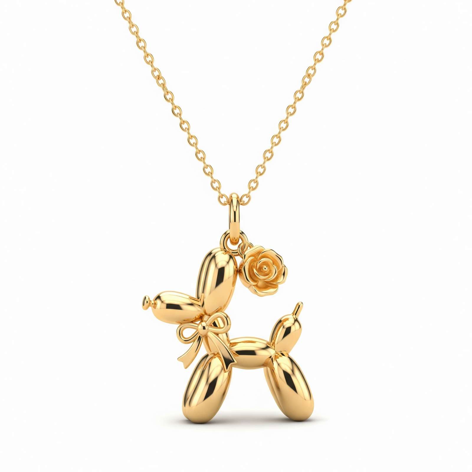 Adorable Women's Stainless Steel Charm 3D Balloon Dog Pendant Necklace with Rose and Bow Tie Charms