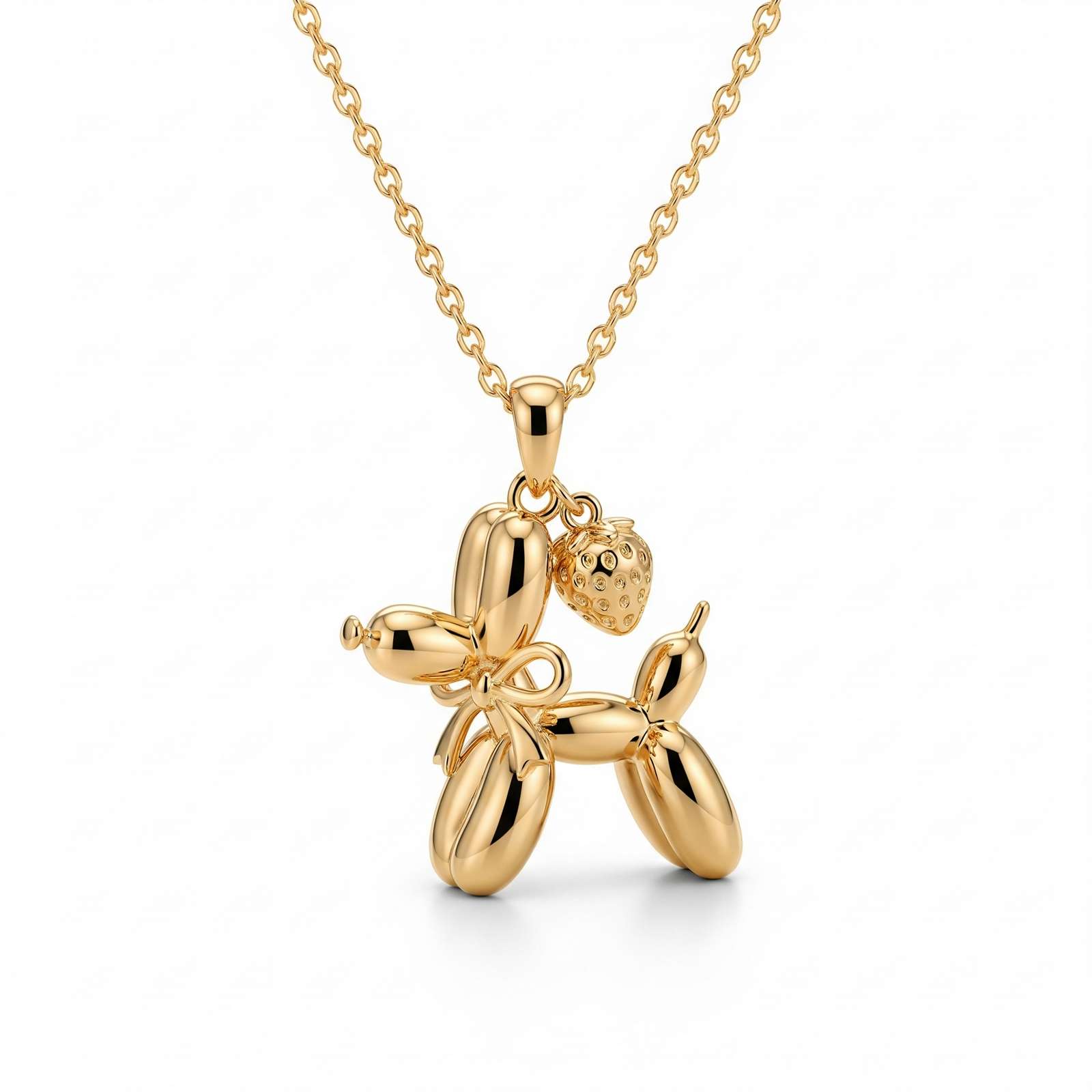 Adorable Women's Stainless Steel 3D Balloon Dog Pendant Necklace with Strawberry