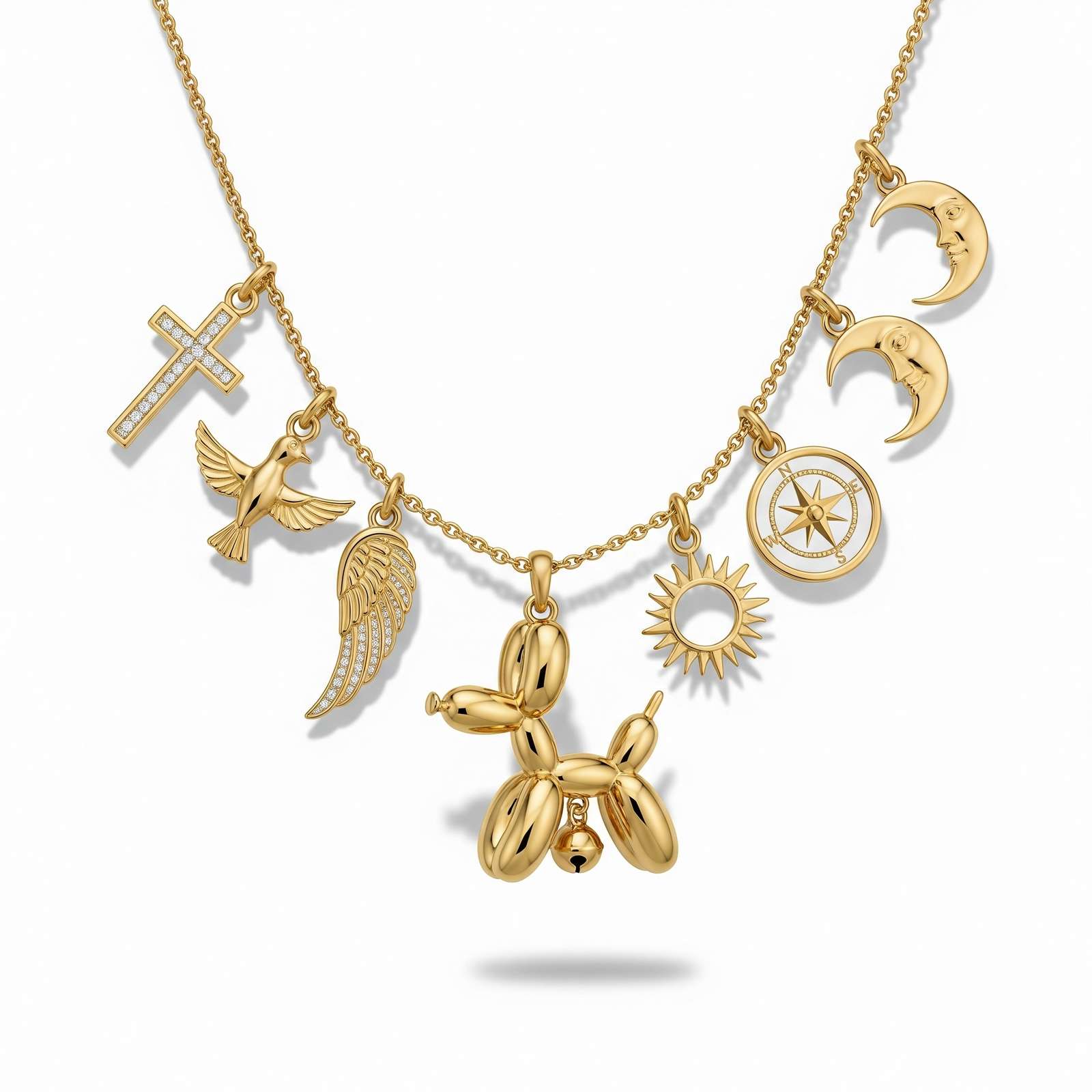 Adorable Women's Stainless Steel Charm 3D Balloon Dog Pendant Necklace with Cross, Moon, Sun, and Bird Charms