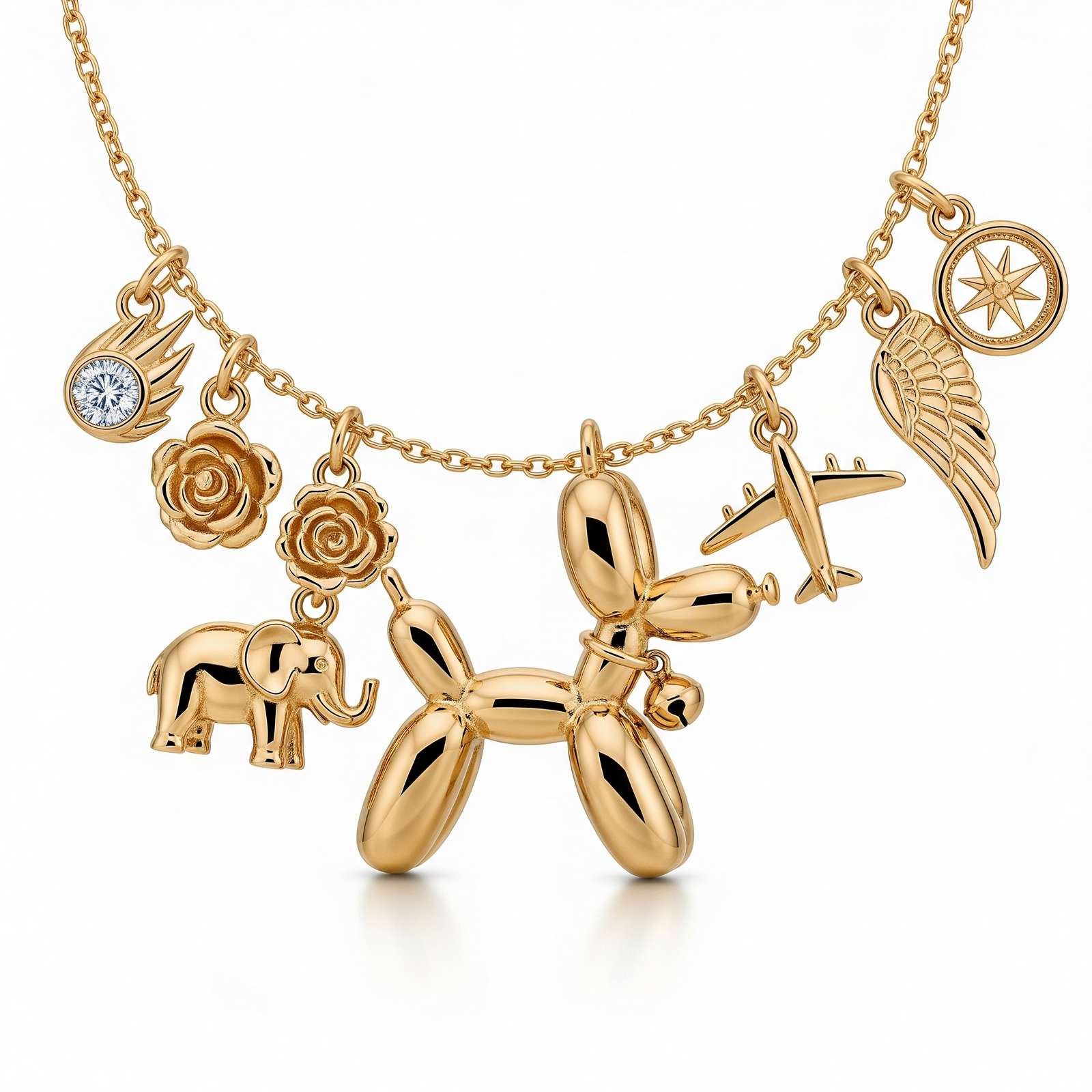 Adorable Women's Stainless Steel Charm 3D Balloon Dog Pendant Necklace with Elephant, Airplane, Roses, and Wing Charms